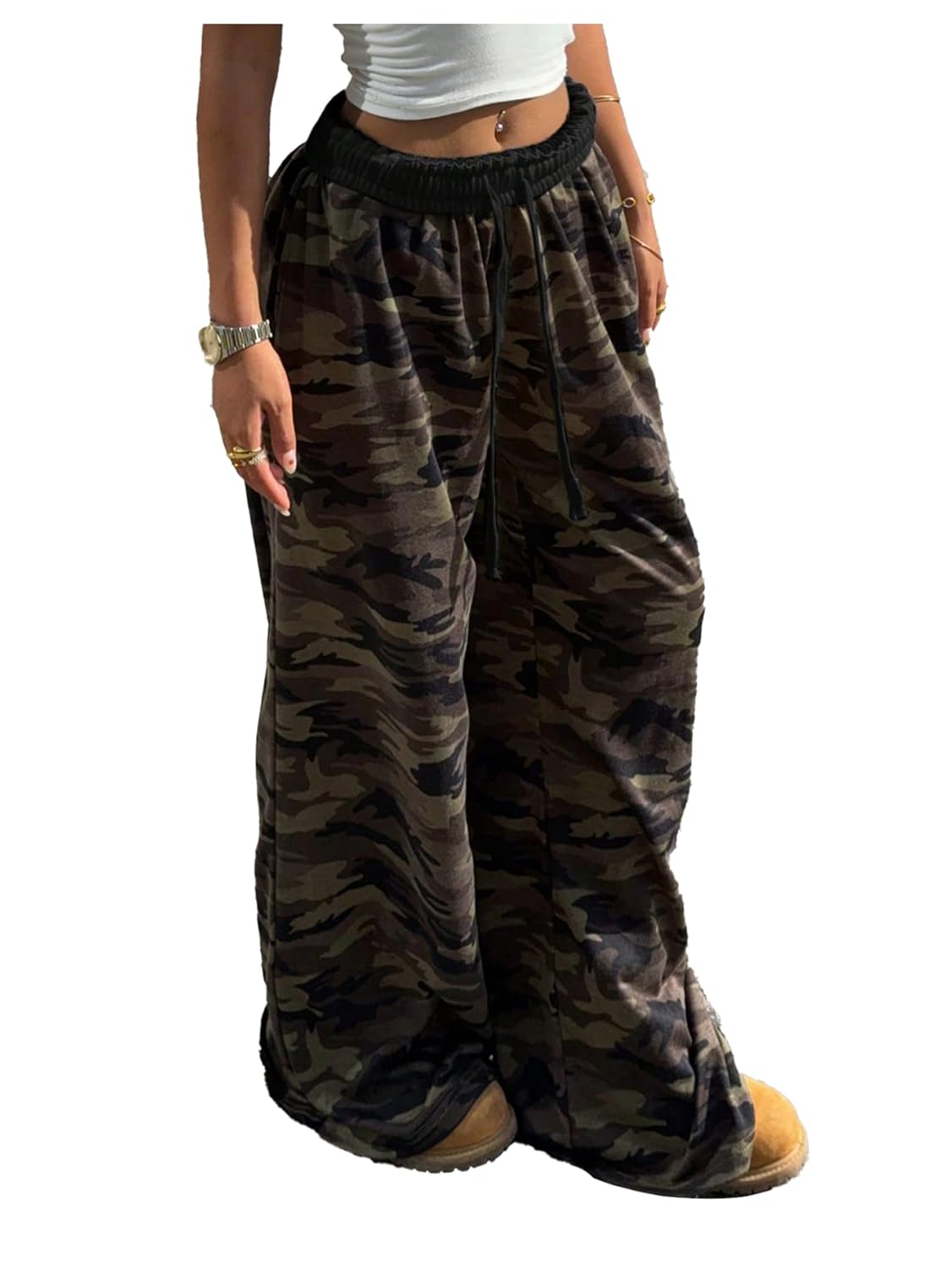Verdusa Womens Camo Pants Hip Hop Streetwear Straight Leg Y2K Loose Long Trousers
