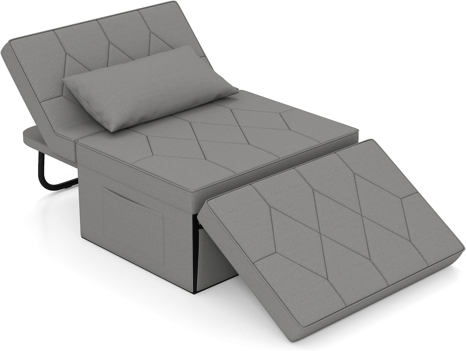 Convertible Sofa Bed, 4-in-1 Padded Lounge Sofa with Retractable Legs, 6 Position Adjustable Backrest & Soft Pillow, Upholstered Recliner Sofa for Living Room (Linen Type Fabric, Grey)