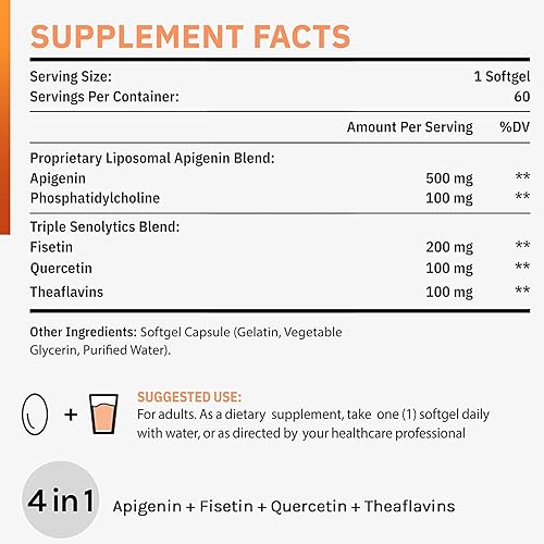 Miniatura 4 de Cenffitio Cápsulas blandas de apigenina liposomal de 500 mg, suplemento óptimo de apigenina con fisetina, quercetina y teaflavinas, suministro para