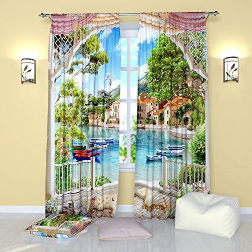 Factory4me Seaside Art Curtains, Majestic Multi Colored Bay Window Curtains, Room Darkening Rod Pocket Curtain Panel Set of 2 84 inches Long, for Living Room Bedroom Kitchen Dining Room