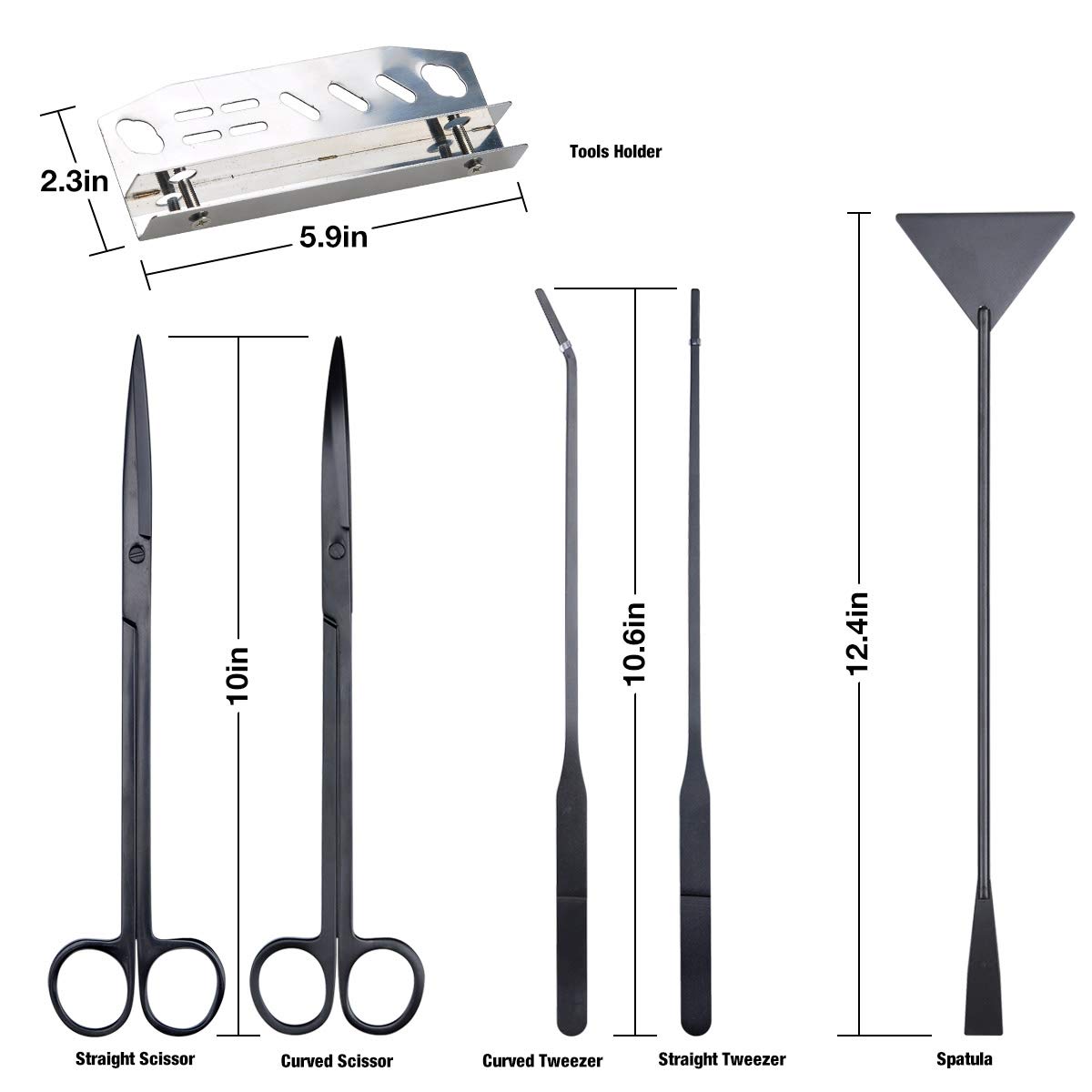 Kit 5 in 1 per acquario con forbici dritte e curve, spatola substrato, pinzette dritte e curve, set di attrezzi per piante acquatiche in acciaio inox, con supporto e custodia