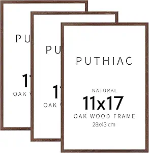 puthiac 11x17 Walnut Oak Wood Picture Frame - Minimalist 11x17 Poster Frame, 11"x17" Frame Wood, Natural Solid Wooden Picture Frames for Wall Art Photo and Prints (3 Pack, Walnut)