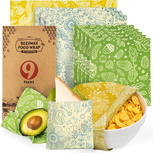 Akeeko Reusable Beeswax Food Wraps (9 Packs)