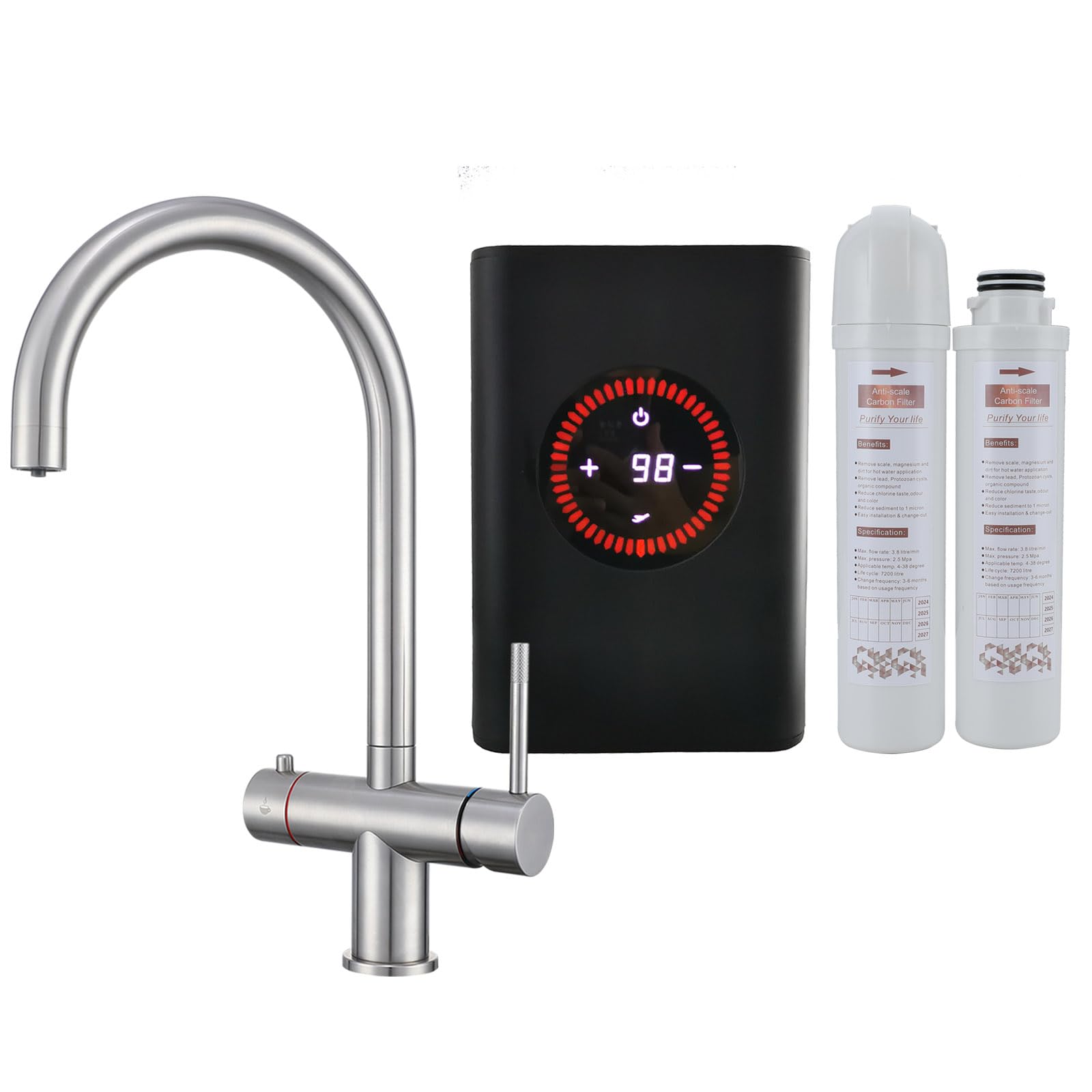 Robinet d'eau bouillante instantané complet avec réservoir et filtre 3 en 1 Robinet mélangeur d'eau bouillante de cuisine Distributeur d'eau chaude en acier inoxydable brossé