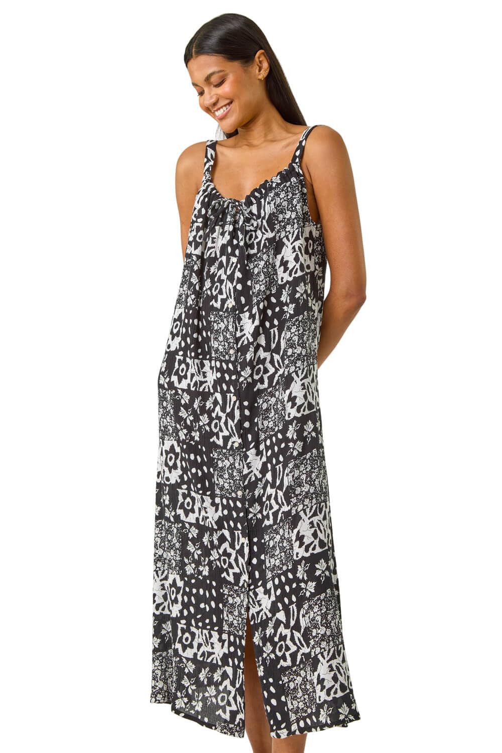 Roman Originals Abstract Gathered Strappy Midi Dress for Women UK - Ladies Everyday Holiday Spring Summer Round Neckline Comfy Soft Evening Vacation Work Party - Black - Size 16
