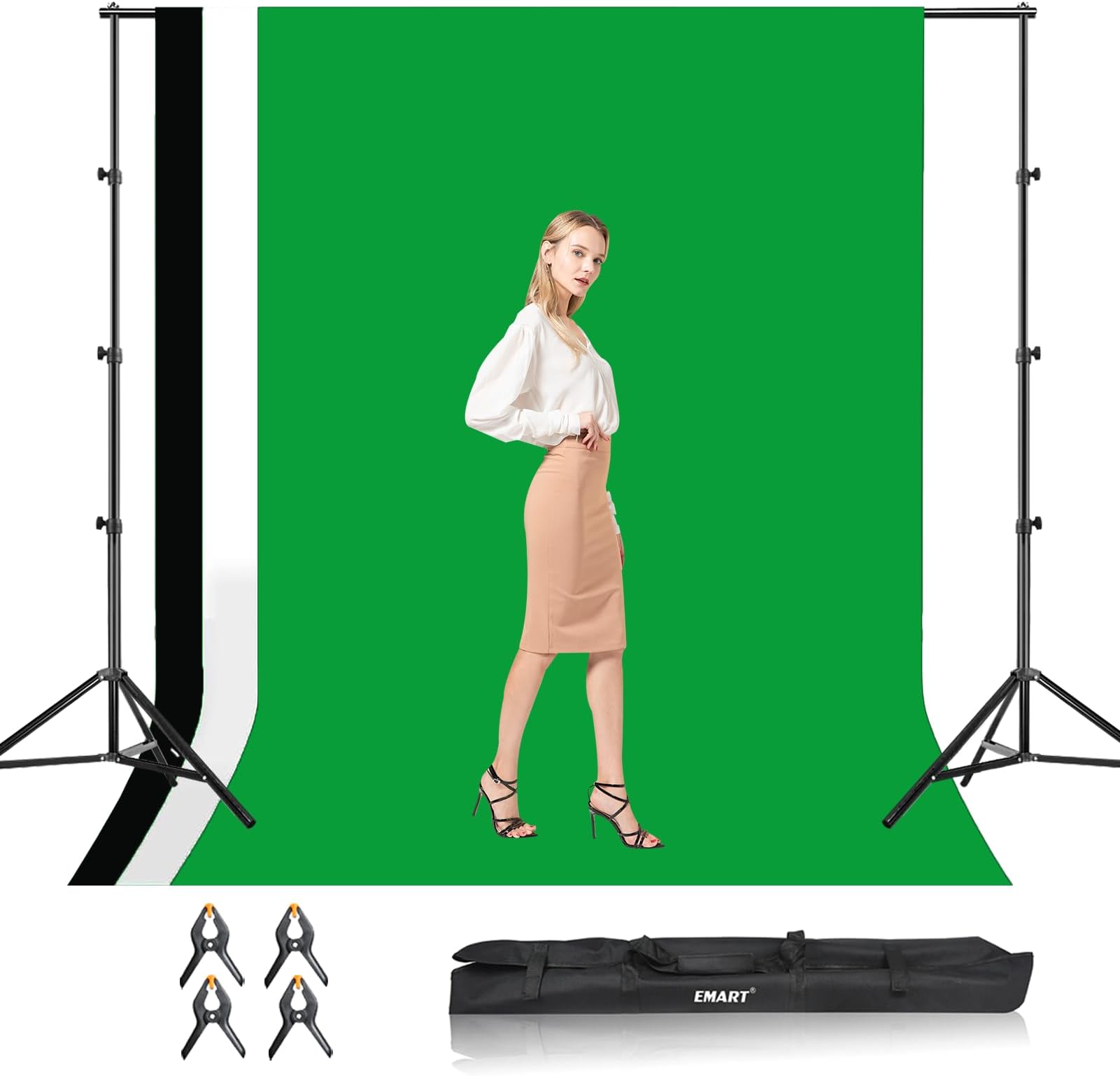 EMART Adjustable Backdrop Stand Kit, 8.5x10 ft (2.6x3.0 m) Photography Background Support System with 3 Backdrops (Black/White/Green, 1.8x2.8 m) for Portrait/Video/Photographic Studio