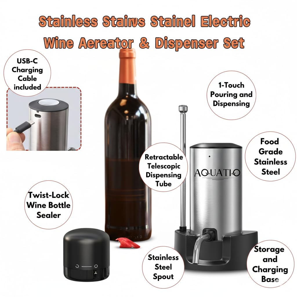 Aérateur de vin électrique avec support et tube rétractable, distributeur automatique d'oxydant de vin en acier inoxydable rechargeable par USB, cadeau pour les amateurs de vin