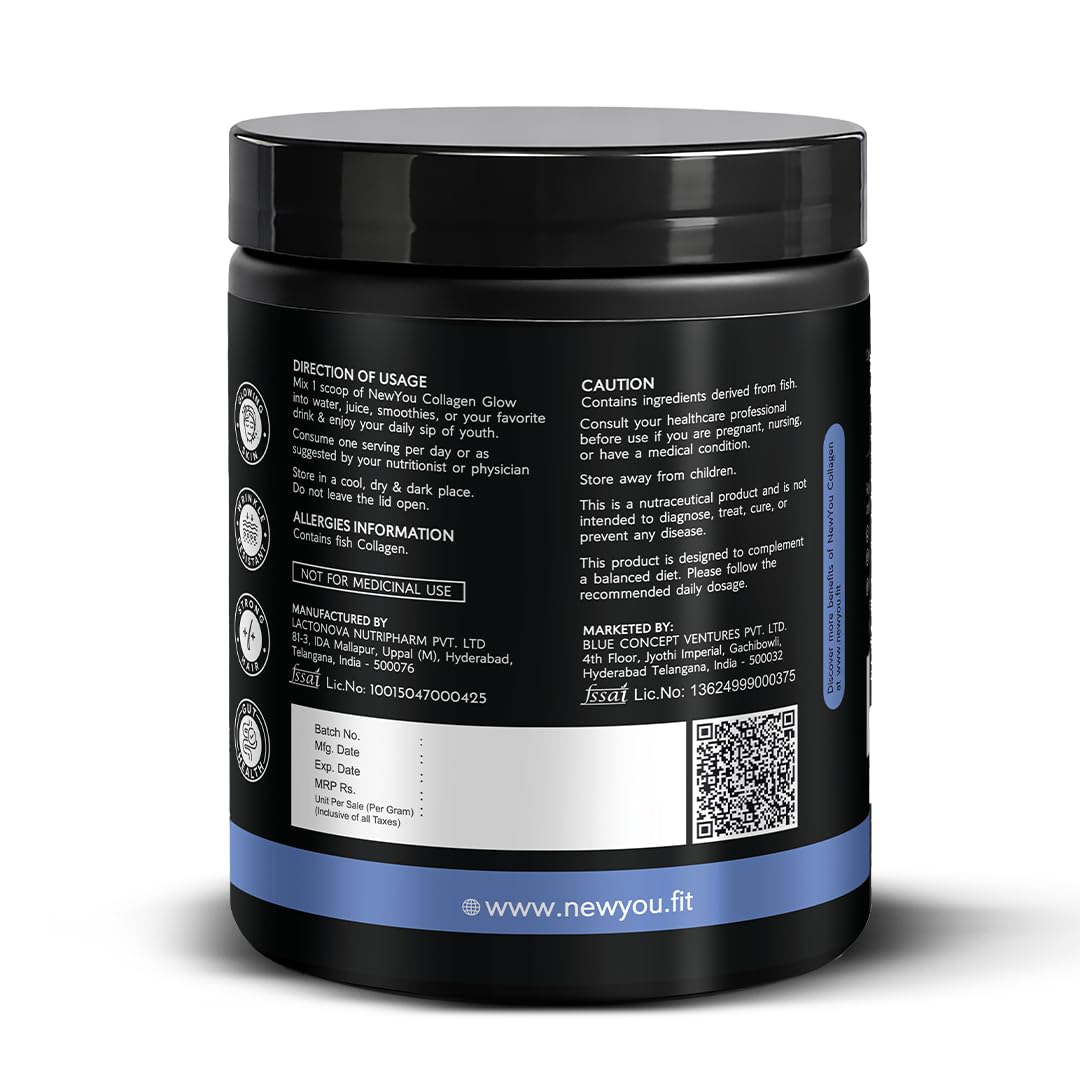 NewYou Collagen Glow Marine Collagen Peptides Powder | Type I & III | Skin, Hair & Nails Support | For Women & Men | With Glutathione, Biotin, Hyaluronic Acid & Vitamins C, E & B Complex | Blueberry Flavour | 150g — Amazon image 8