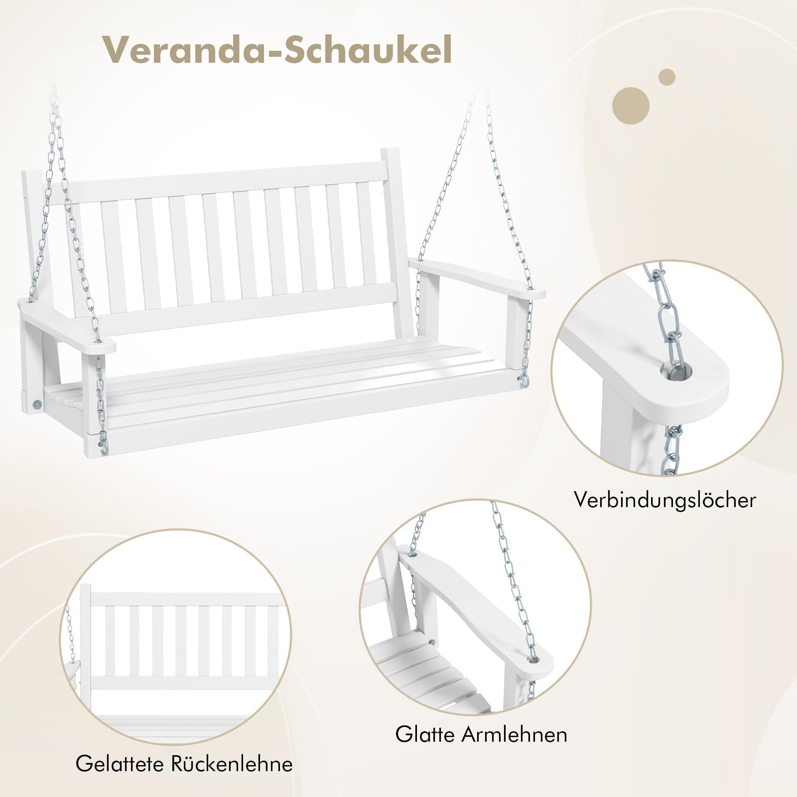 FANTASK Banco Colgante de Madera Maciza, Columpio de jardín de 2 plazas para Colgar, Columpio de jardín de hasta 230 kg, Columpio para Exteriores, Color Blanco, 136 x 67 x 63 cm