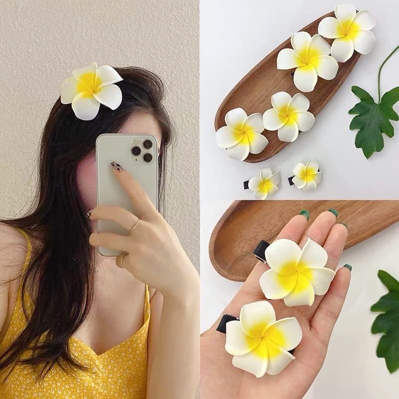 Pack of 6 Yellow Hawaii Plumeria Hair Clips Boho Foam Flower Alligator Hair Pin Hibiscus Hair Clip for Beach Party Wedding Cosplay Handmade Accessories - Image 3