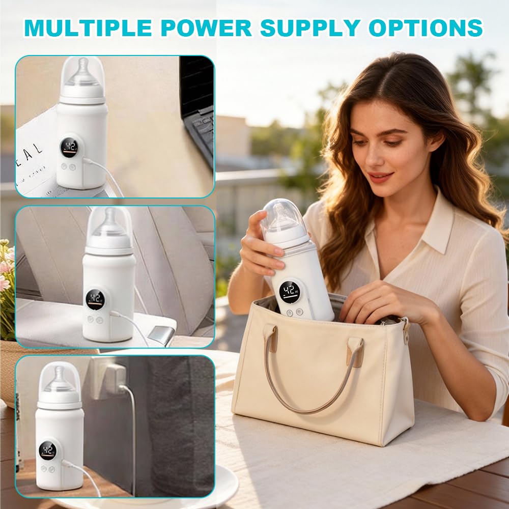 Chauffe-biberon portable pour bébé, plug-in, chauffe-biberon portable pour bébé en déplacement, 6 températures réglables 38-50 °C, chauffe-biberon avec écran LCD, blanc
