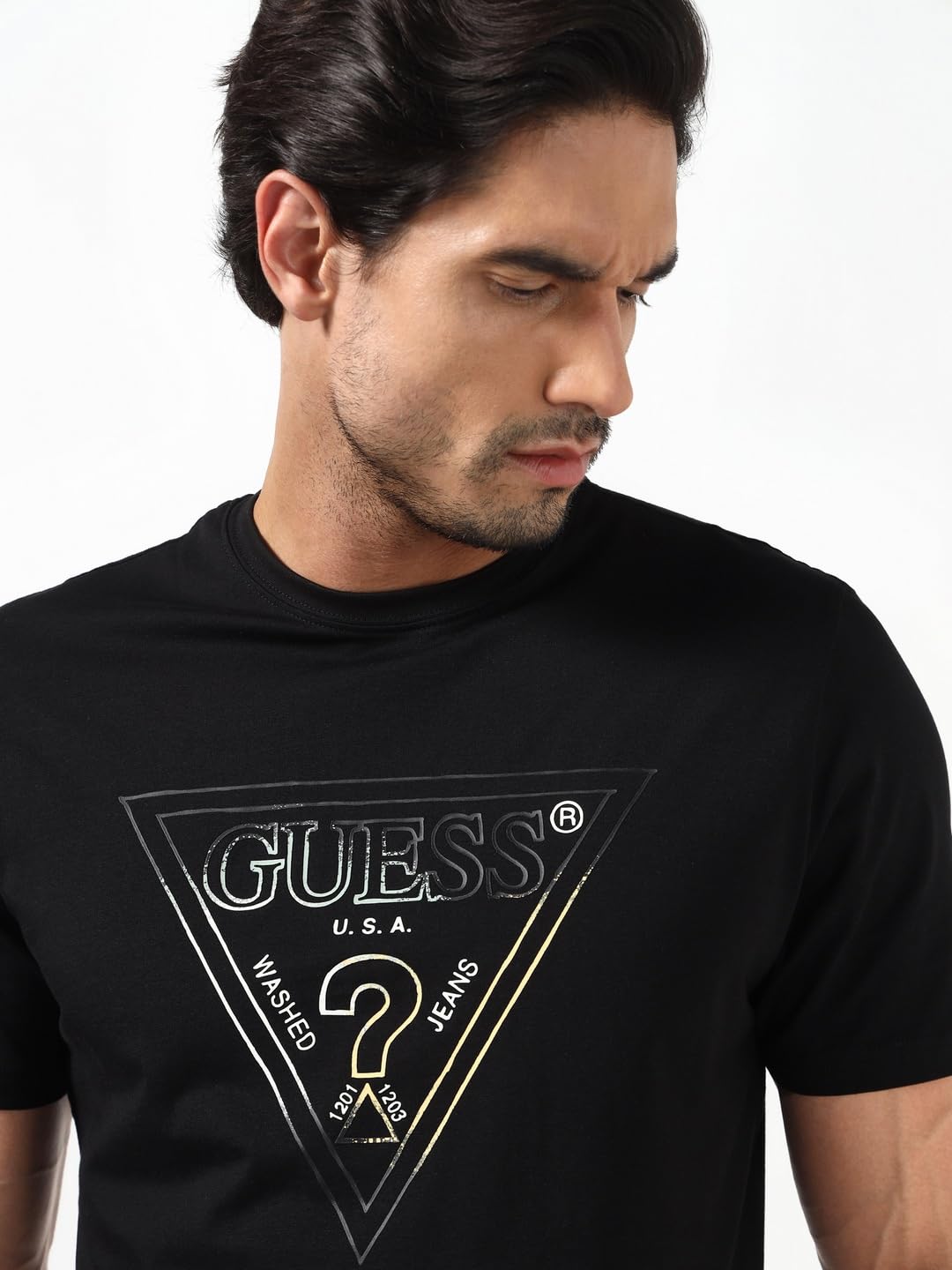 GUESS T-shirt da uomo a maniche corte con scollo rotondo stampato nero jet triangolo