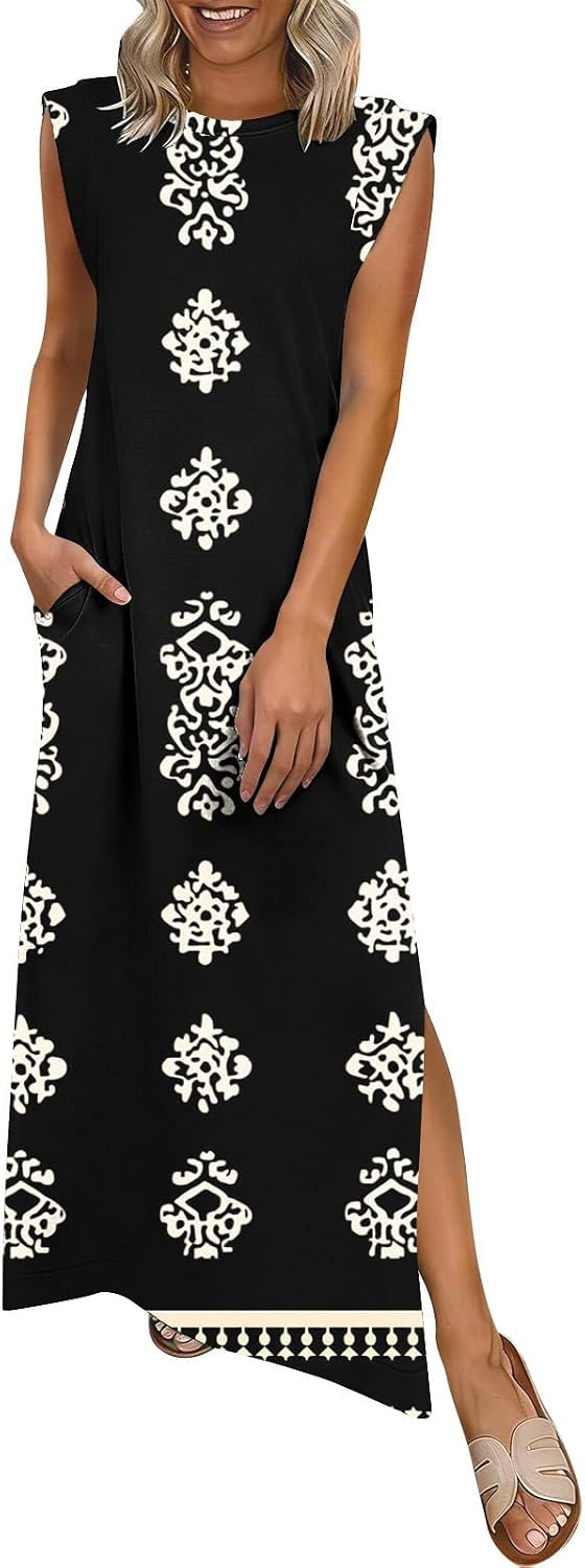 Sleeveless Slit Beach Dress for Women Pullover Loose Crewneck Versatile Casual Boho Maxi Dresses with Pockets