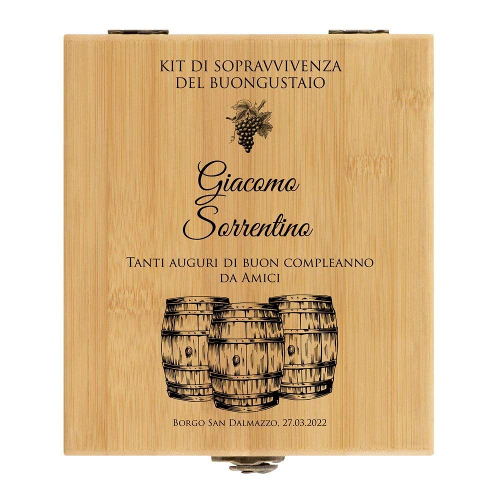 Maverton Set Cavatappi da Vino - Kit da Sommelier Degustazione Perfetta Personalizzato - Scatola in Legno di bambù + 4 Pezzi di Accessori Vino - Regalo Uomo - Regalo di Natale - Kit di buongustaio