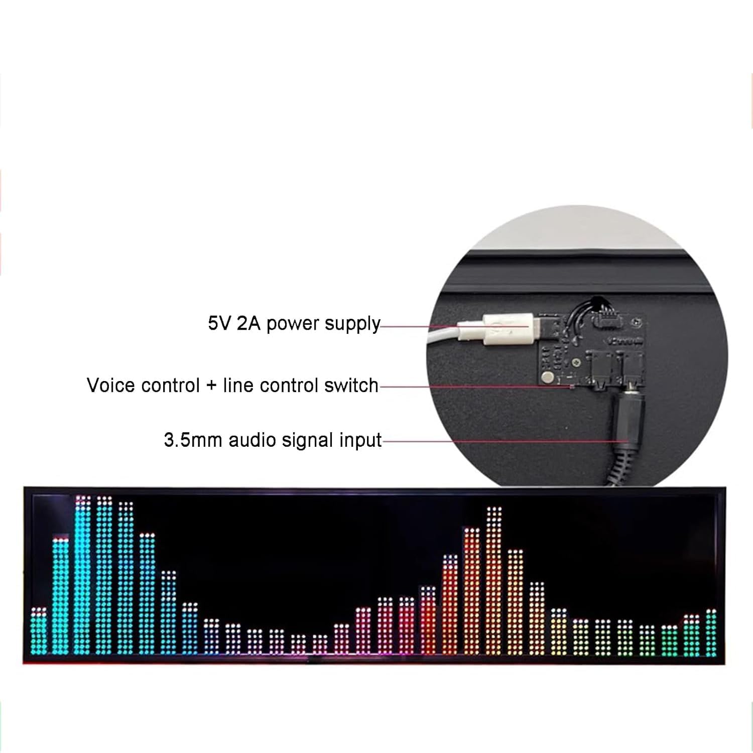Analizador de espectro de audio LED con reloj digital, barra de nivel RGB, control de voz y línea, 4 rangos de frecuencia para uso en coche y estudio