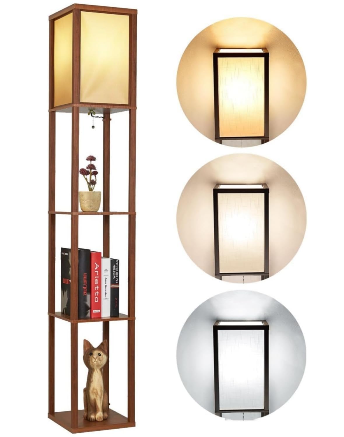 Floor Lamp with Shelves, Modern Standing Shelf Lamp, Display Floor lamp with 3 Color Temperature Bulb, Corner Display Bookshelf Lamp for Bedroom, Living Room, Office (Walnut Brown)