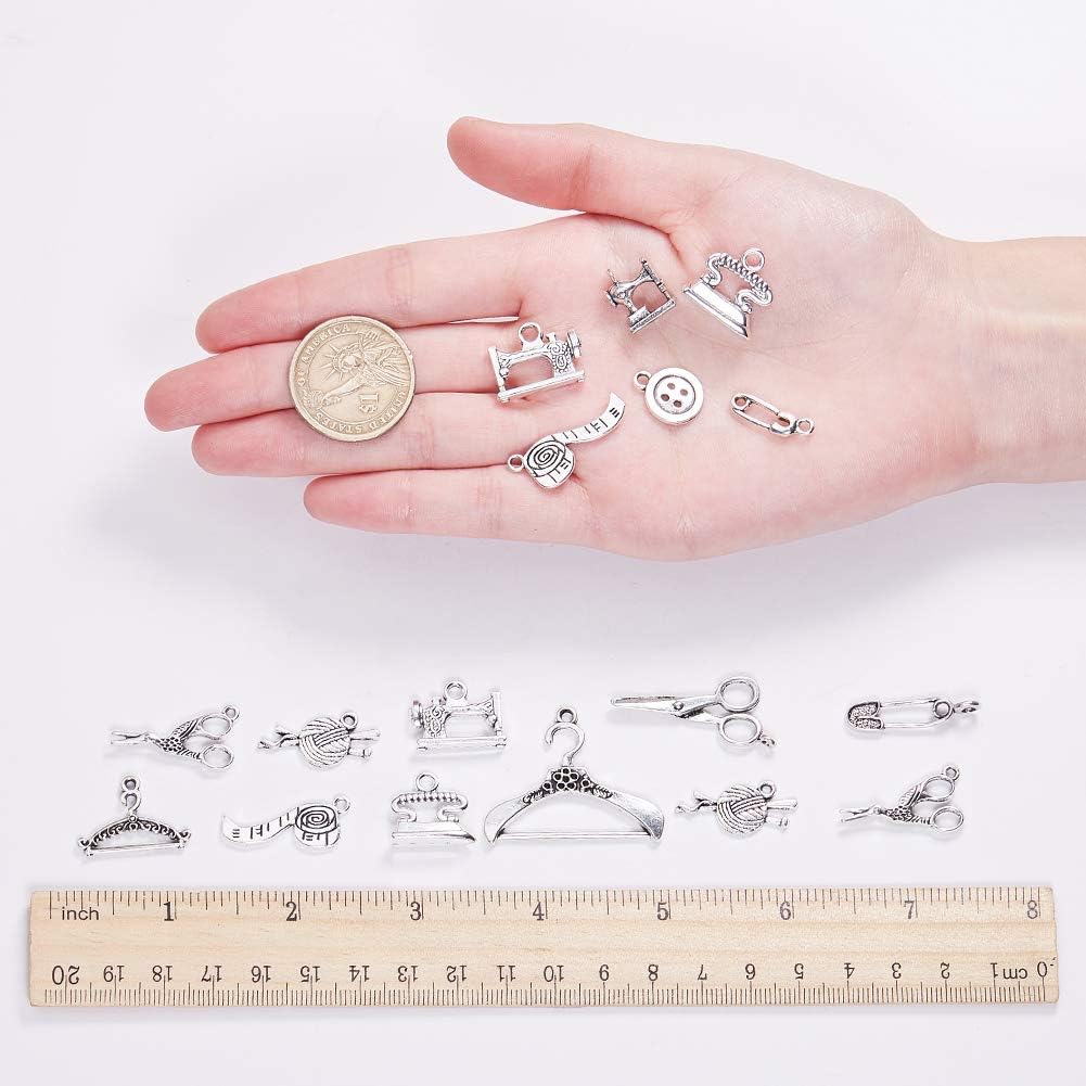 SUNNYCLUE 1 Box 60pcs 12 Styles Sewing Knitting Charms Alloy Charms Pendants Scissor Pipe Safety Pin Yarn Clew Button Sewing Machine Charms - Image 4