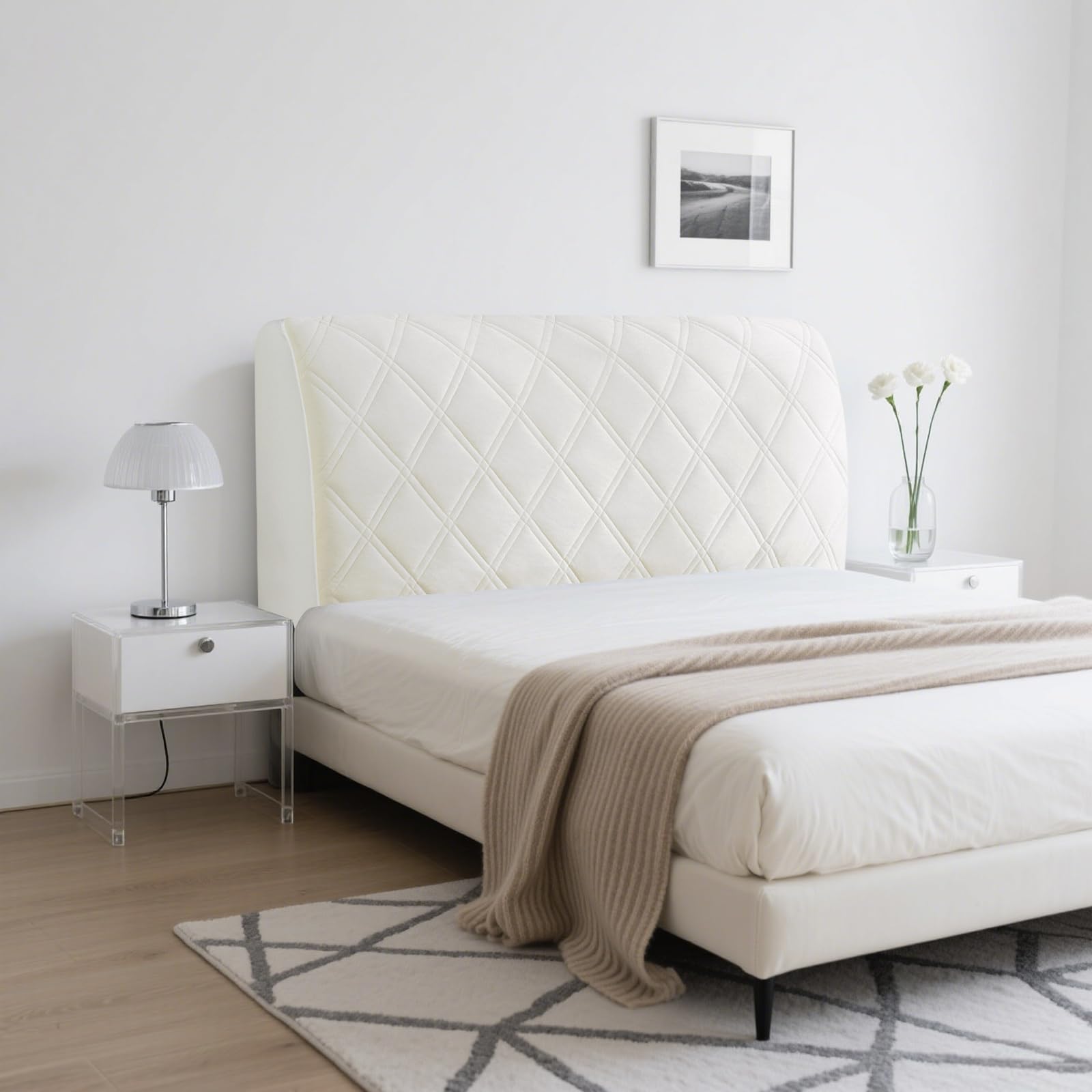 Bett Kopfteil Bezug, Kopfteil Bett Staubdichte Dehnbare Kopfteilbezug, Verdicken Gesteppt Einfarbig Baumwolle Bettkopfteil Bezug,Waschbar Betthusse, All-Inclusive Headboard Betthusse (Beige,210cm)