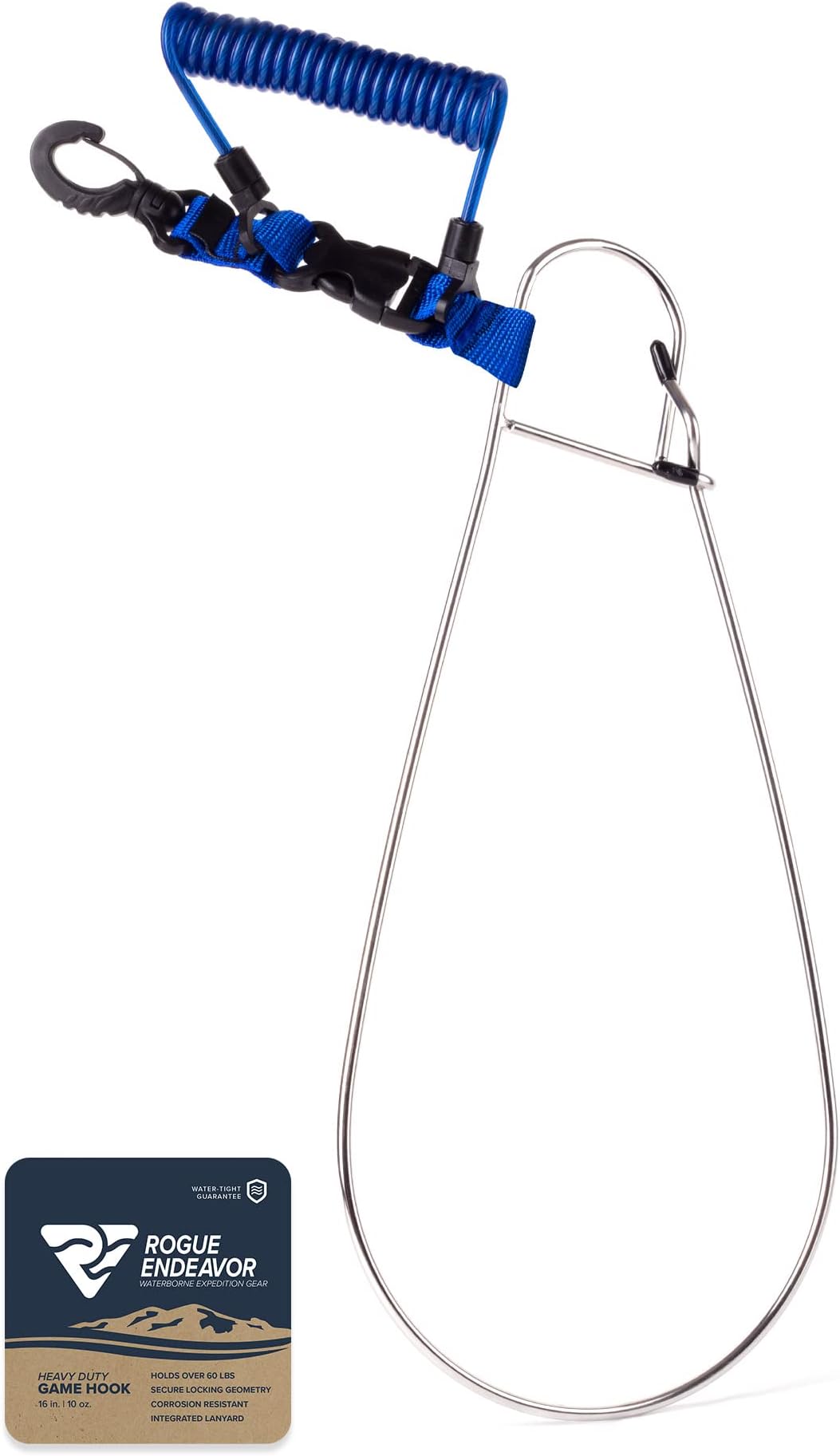 Rogue Endeavor® Fish Stringer Clip, Large, Stainless Construction, Quick Release 36” Steel Core Lanyard, Designed for Spearfishing, Kayak Fishing & Scuba Diving and All Fish Types