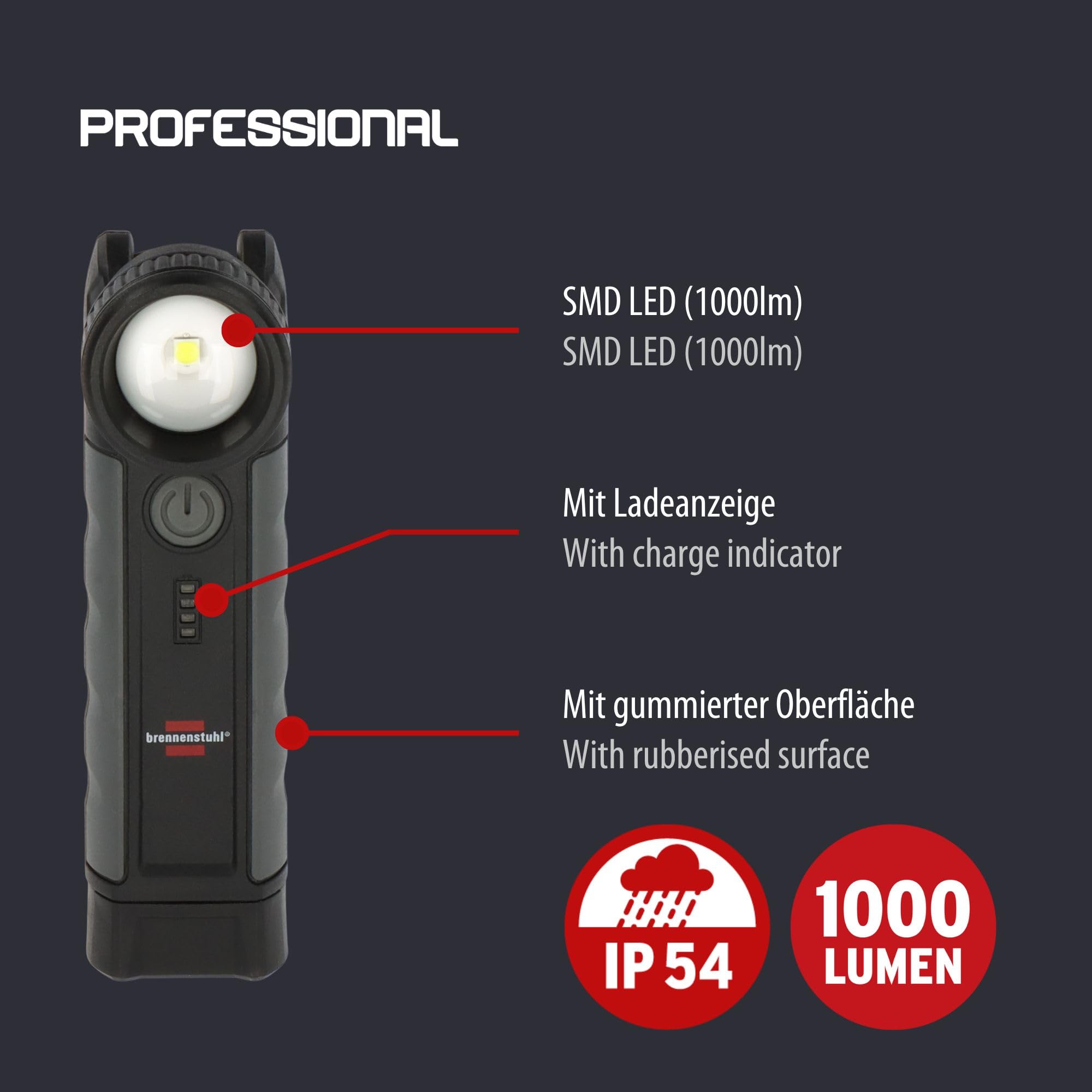 Torcia LED Brennenstuhl HL 1000 ACW - Ricaricabile Wireless, 1000 Lumen, Magnete E Gancio | Professionale