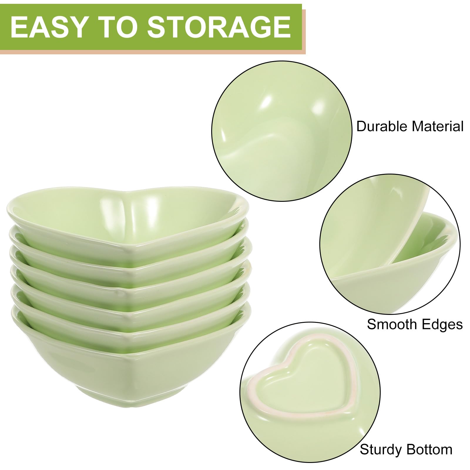 QUARKZMAN Cuenco Lateral De Cerámica Verde En Forma De Corazón Juego De 6 Platos De Porcelana De 5" Platos Mini Para Aperitivos Salsas Y Condimentos Para Cocina Hogar Bodas Fiestas