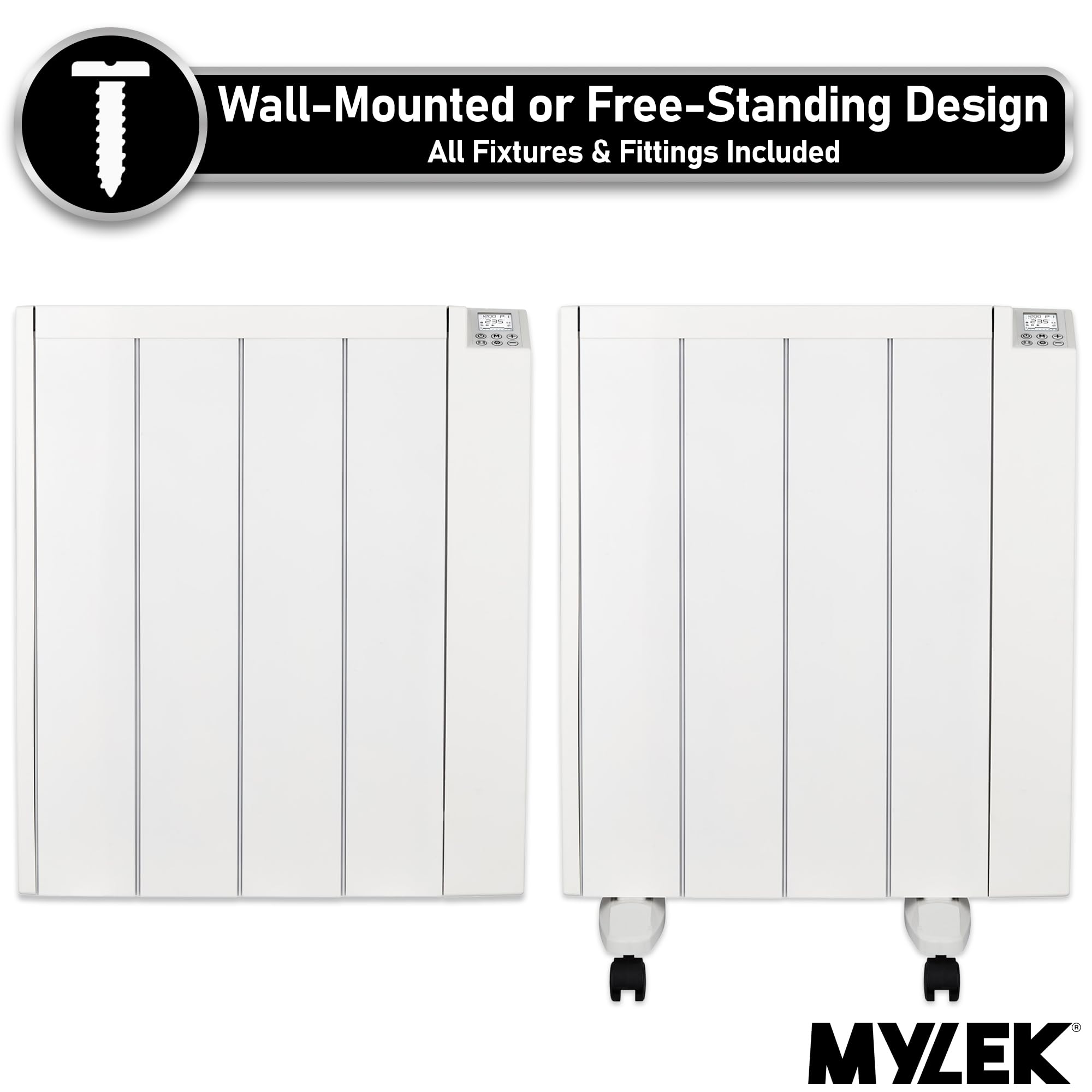 MYLEK Radiador eléctrico de panel de cerámica con temporizador digital programable de 1000 W, montaje en pared de aluminio independiente, blanco delgado, IP24 a prueba de salpicaduras, lote 20, diseño