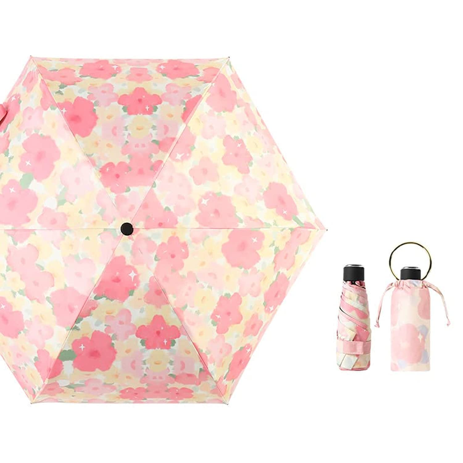 Folding Umbrella, Manual Travel Umbrella with Bracelet Ring, UV Protection Sun 99%, Ultra-light Folding Sunshade Umbrella with Black Anti-UV Coating Women's Sun and Rain dual-use Folding umbrella