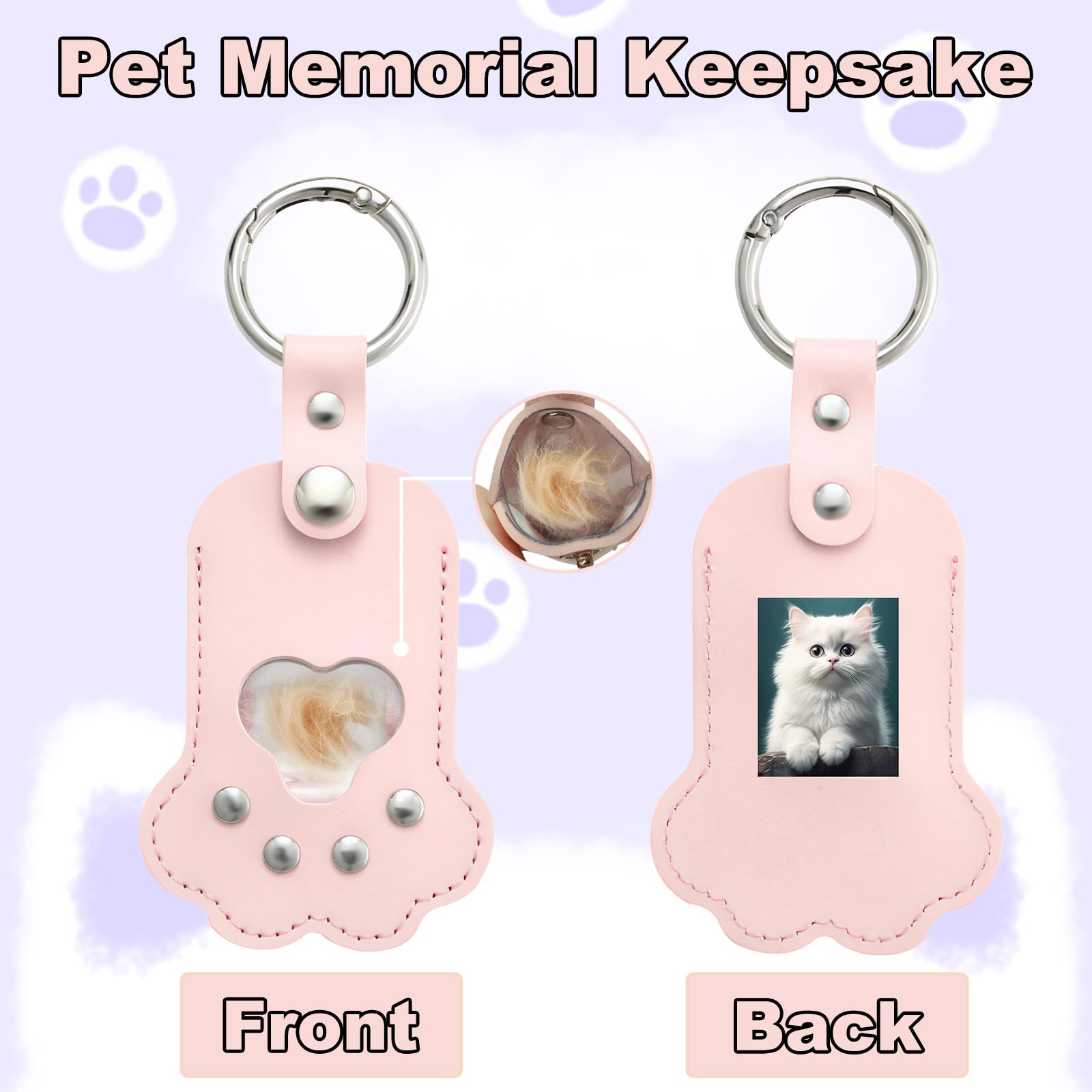 HINGTAI 2Pcs Pet Hair Keychain, Refillable Memorial Charm for Cat & Dog Fur, Photos, Leather Keepsake Gift for Pet Owners - Image 4