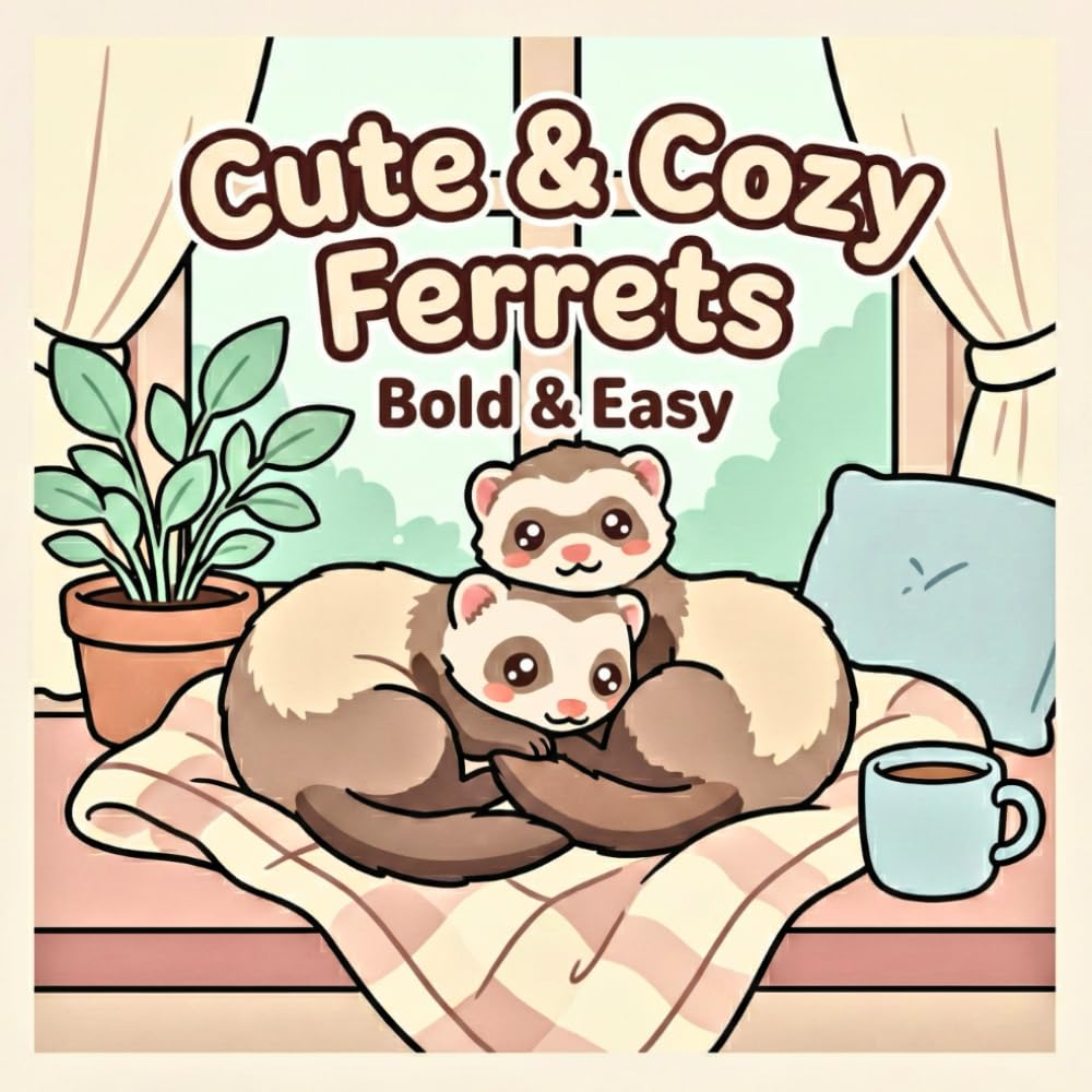 Cute & Cozy Ferrets Coloring Book – Bold & Easy: Kawaii Ferrets, Fluffy Animal Scenes, and Simple Bold Coloring Pages
