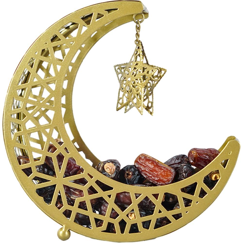 Ppmter Gold Ramadan Serving Tray Eid Mubarak Dessert Tray, Moon Star Metal Plate Tray For Islamic Muslim Party Dessert Food Fruit Storage Tableware Ramadan Decor