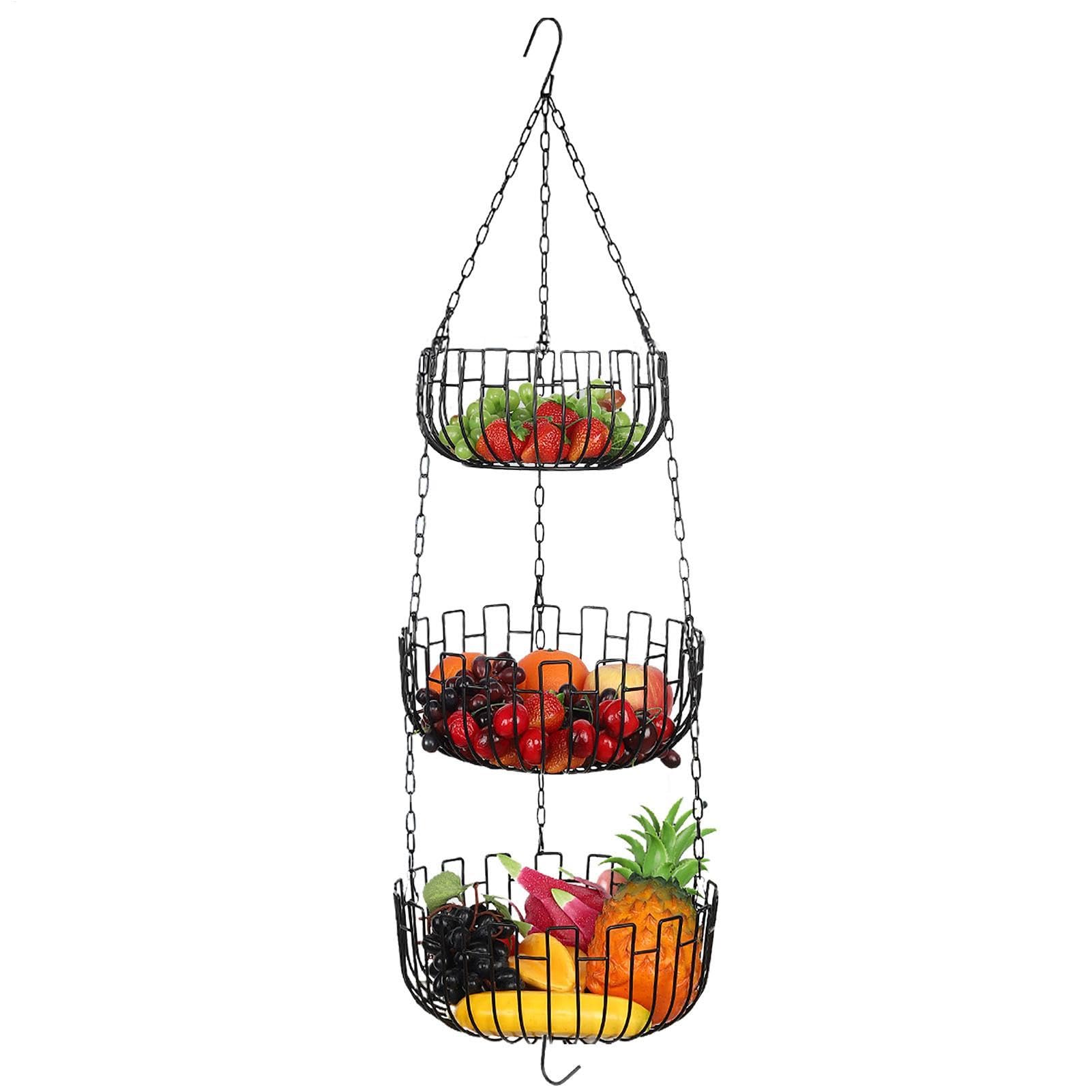 Cesta de verduras colgante de 3 niveles en metal resistente y diseño decorativo