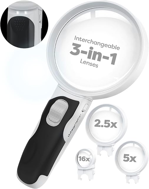 iMagniphy Powerful Magnifying Glass with Light - Senior Citizen Gifts - 2.5X, 5X & 16X Handheld Magnifying Glass with 3 Interchangeable Lenses - Lighted Magnifier for Seniors with Macular Degeneration