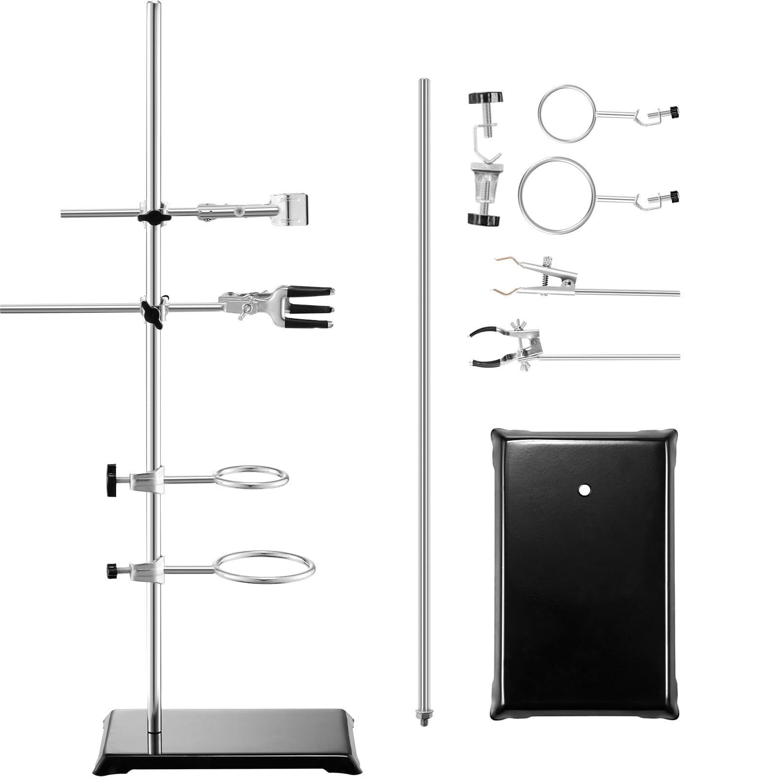 Soporte de Laboratorio 2 Conjuntos - Soporte para Retorta con Varilla de Acero 60 cm y Base de Fundición 21x14 cm, Incluye Pinzas para Matraces y Buretas