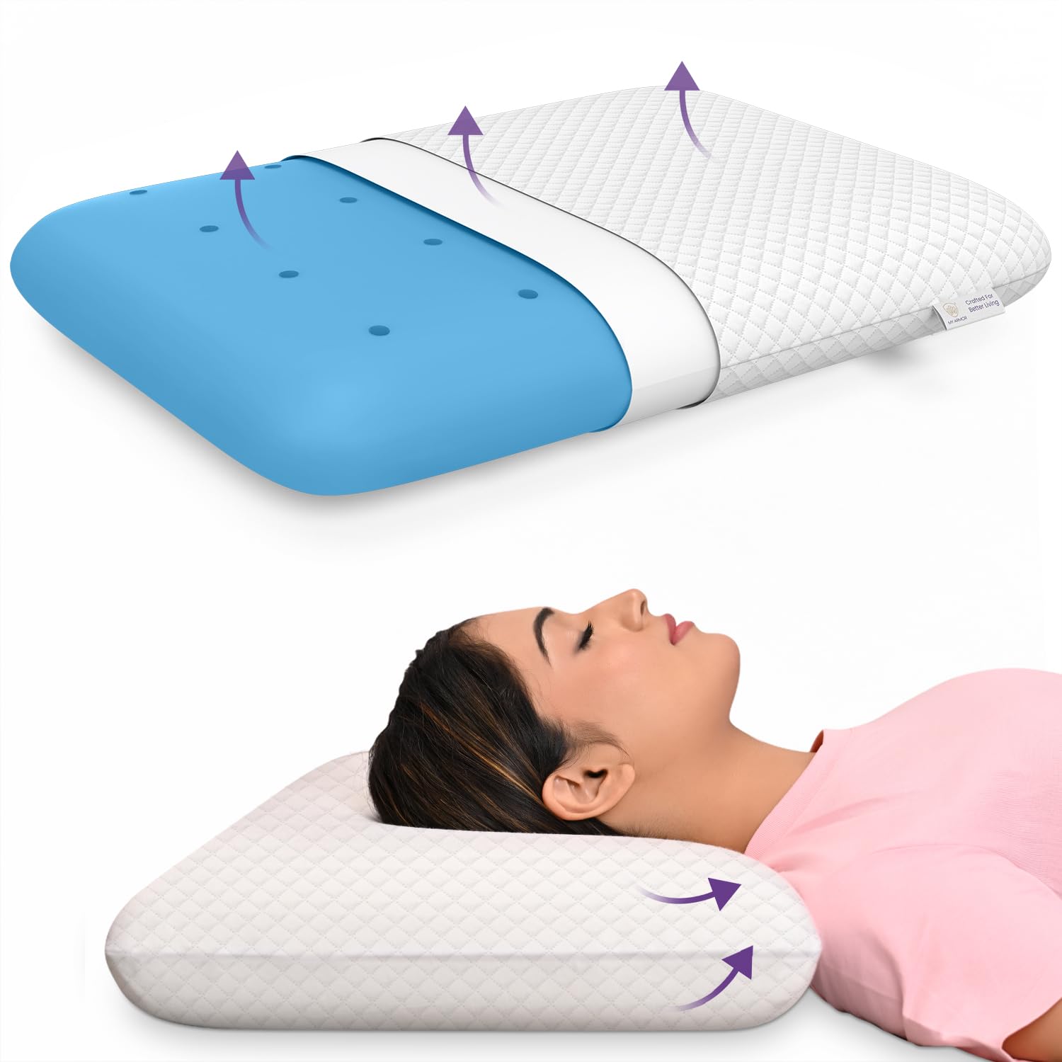 MY ARMOR Ventilated Cooling Gel Memory Foam Pillow Thin Size 3 Inch, Neck Pain Relief & Back Support Cushion|23.5X15.5X3 Inch|with Checks Pillow Cover - 350 GSM-Pack of 1