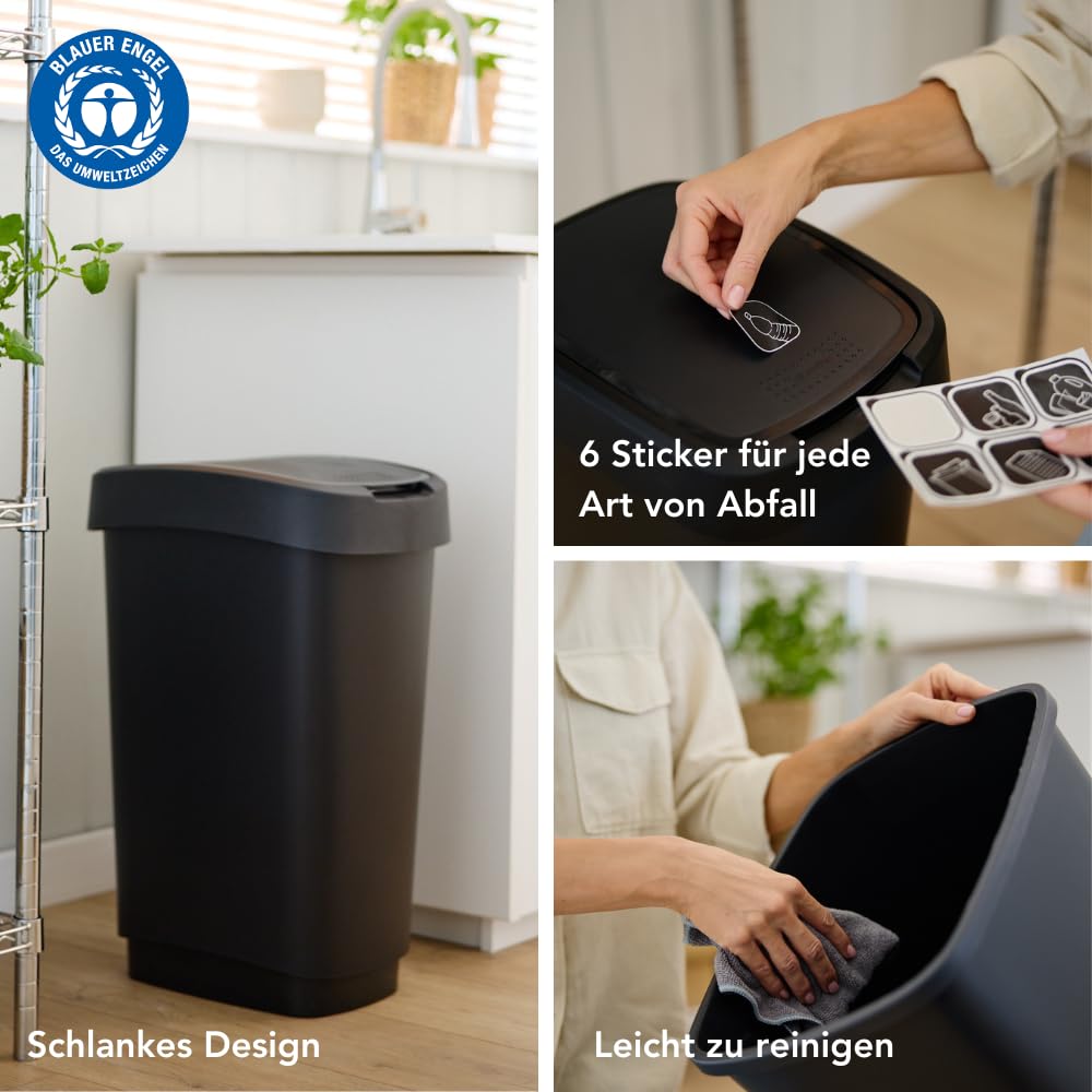 Rotho Twist 3er-Set Mülleimer mit Deckel 10l, 25l & 50l | Ideales Einsteigerset Küche, Bad | mit Schwingdeckel und Klappdeckel | schmal & platzsparend | leicht zu reinigen | schwarz/silber
