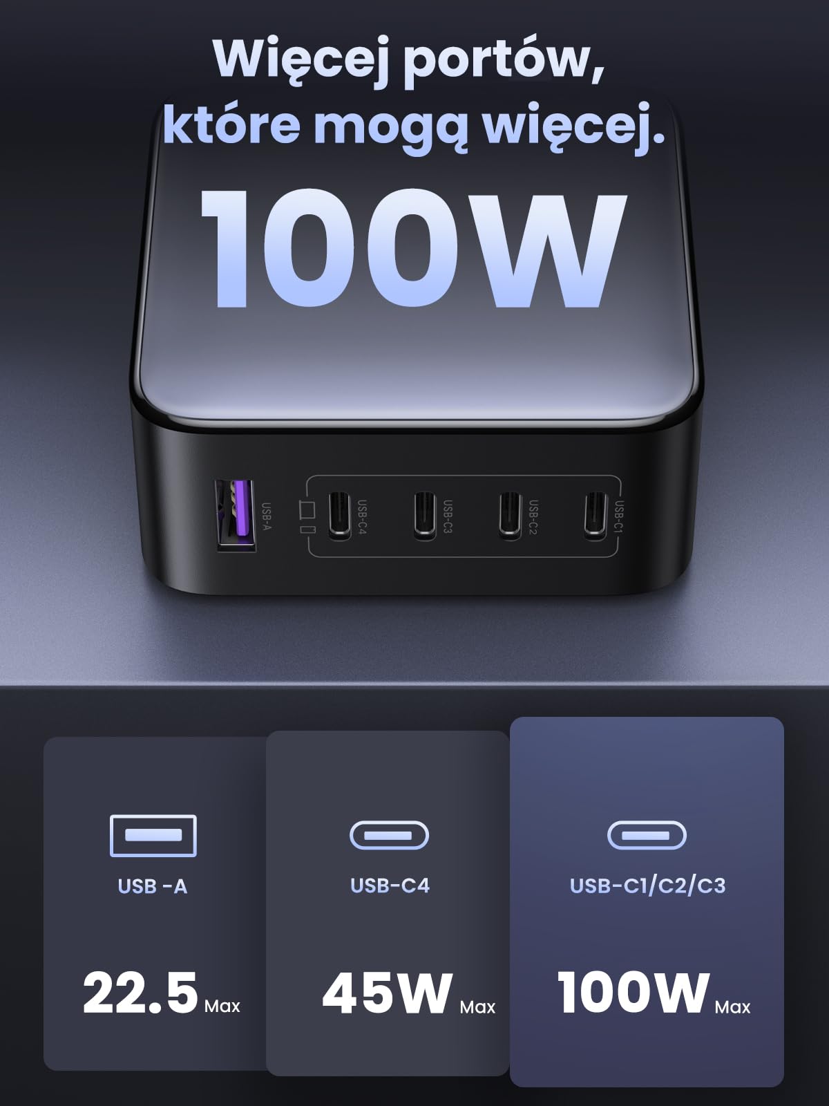 UGREEN Nexode Ładowarka 100 W USB-C, 5 portów, szybka ładowarka wieloportowa