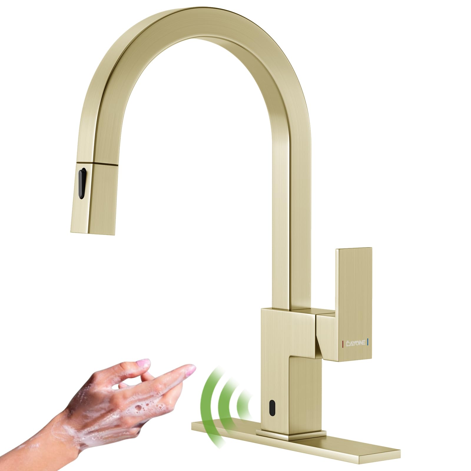 Grifo de cocina dorado cepillado Dayone monomando manos libres con caño cuadrado premium