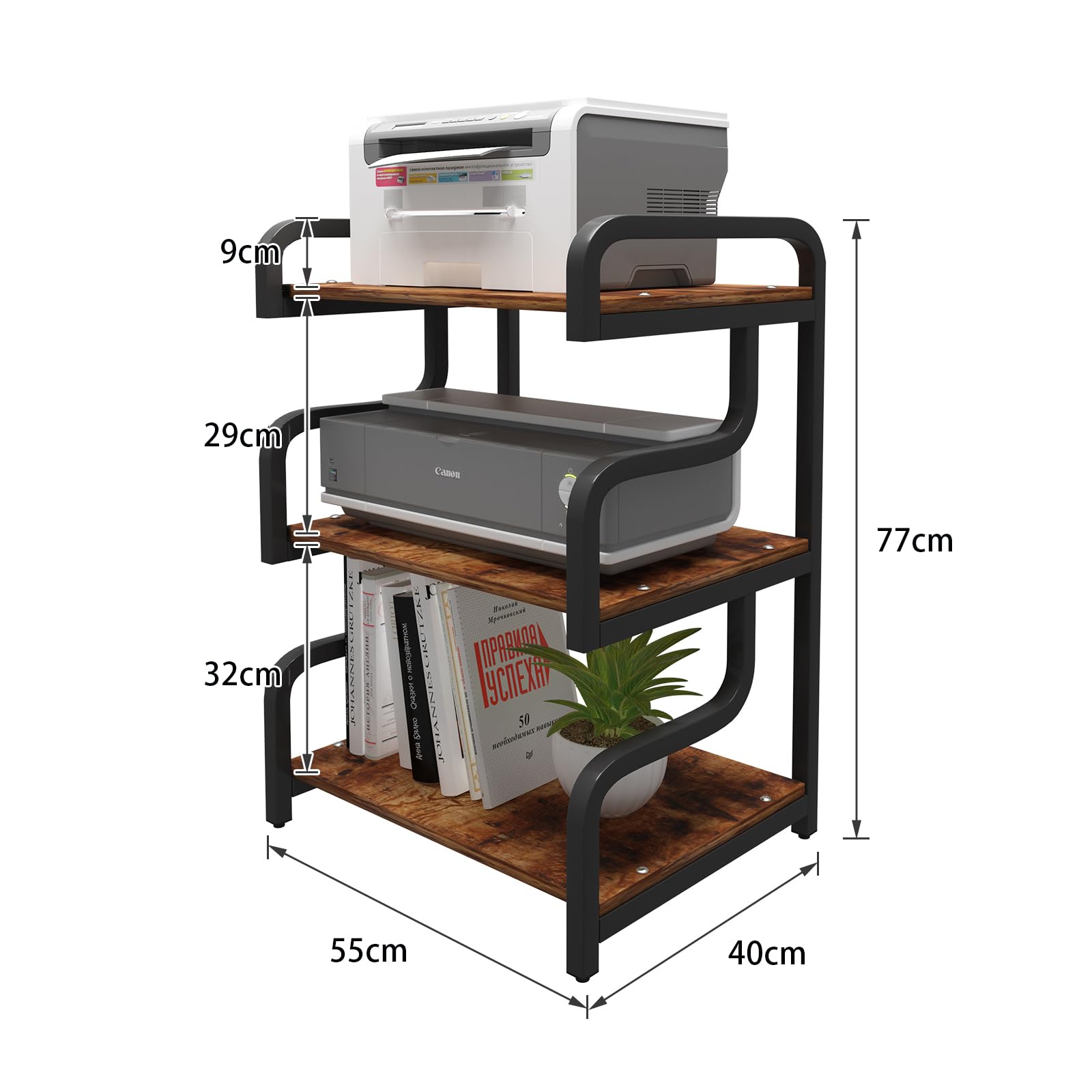PUNCIA Soporte de Impresora de 3 Niveles Mueble Carro para Impresora con Ruedas Estante Mesa Móvil de Madera y Metal Estantería de fax para Oficina Escuela Estudio Retro