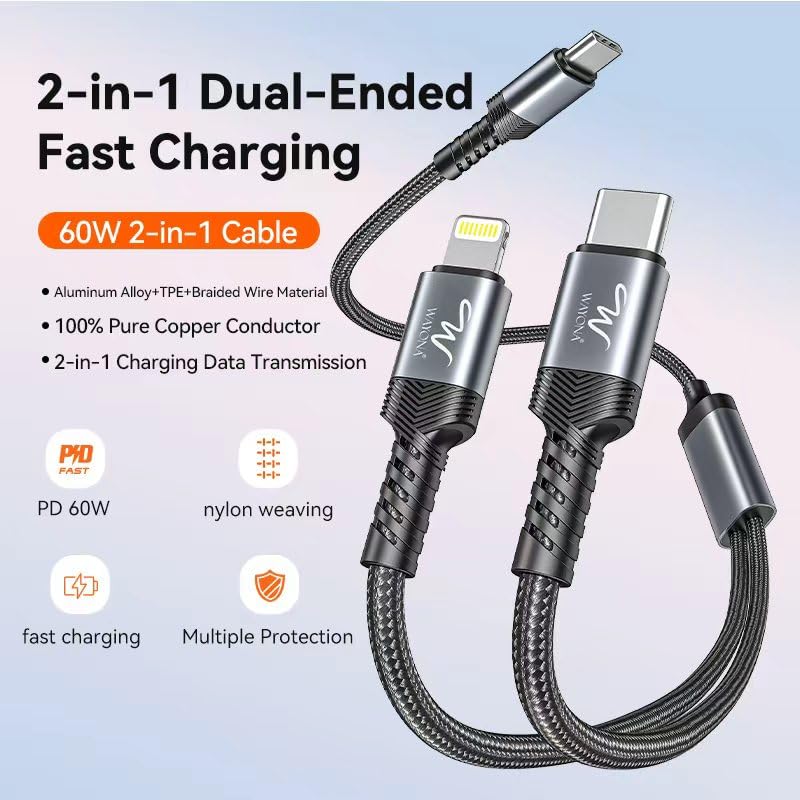 Image of Wayona 2 in 1 Fast Charging Cable 60W Type C to Type C & 27W Lightning 1.2M Nylon Braided Compatible with iPhone 17 /16 /15 /14 Lightning Models & S26,S25,MacBook, iPad