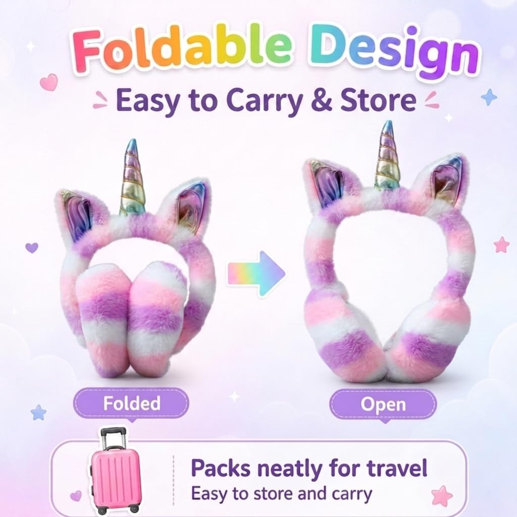 ZTL Foldable Unicorn Earmuffs for Girls Kids Women Soft Plush Winter Ear Warmers