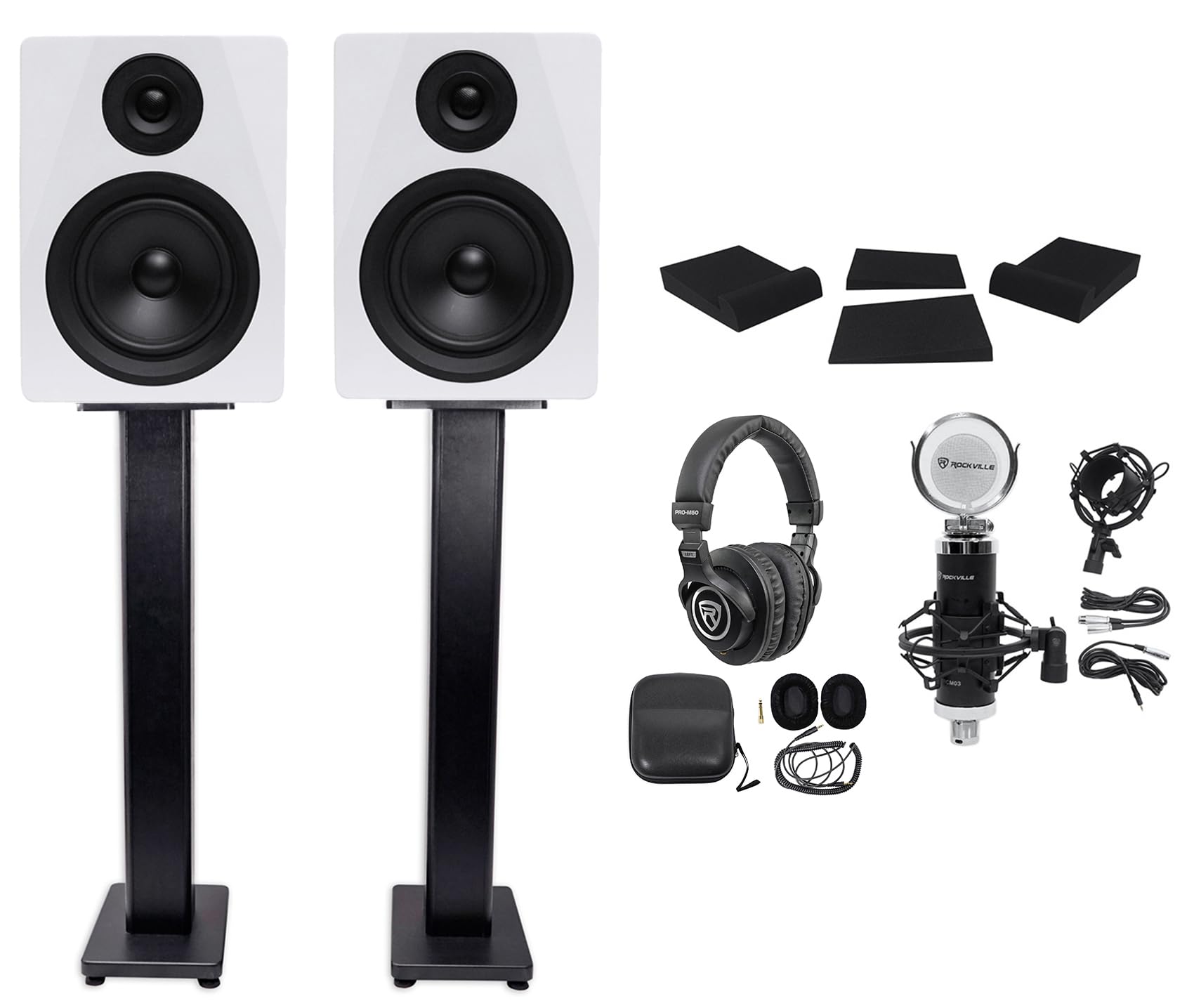 Rockville Bundle: (2) DPM5W Monitor Speaker Bundle with PRO-M50 Studio Headphones & (1) Pair RHTSC Bookshelf Speaker Stands & (1) Pair RRS190S Monitor Isolation Pads (7 Items)