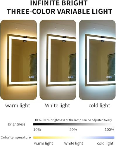 Miniatura 7 de Espejo LED de 18 x 24 pulgadas, espejo de baño inteligente con luces, antivaho, vidrio templado, 3 colores regulables, frontal y retroiluminado, CRI