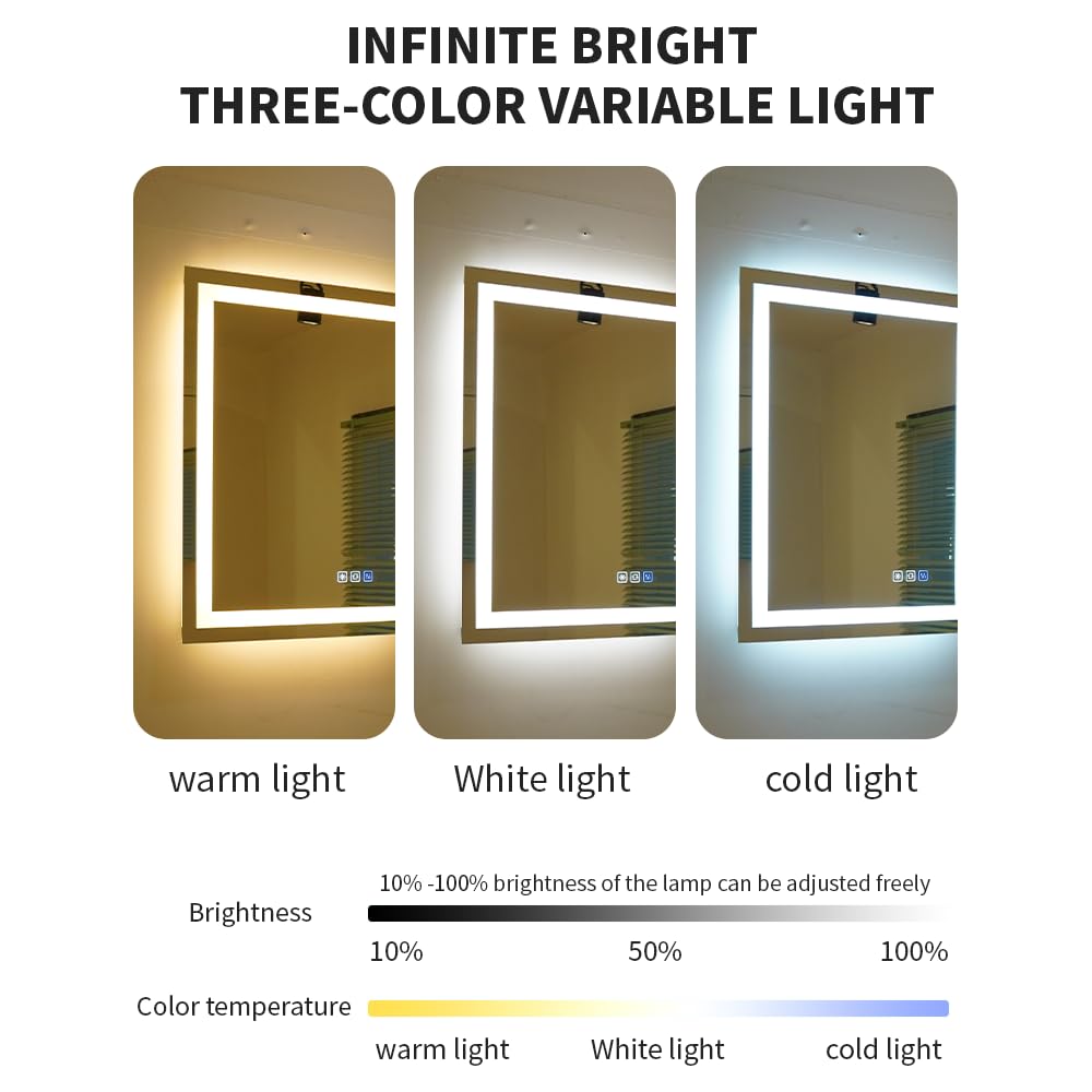 Specchio da bagno con illuminazione, rettangolare, 60 x 100 cm, specchio da parete a LED, 3 colori di luce, dimmerabile, con touch, anti-appannamento, CRI90+, vetro temperato