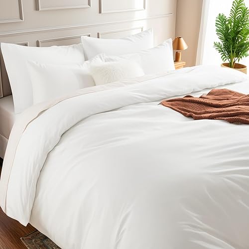 Miniatura 4 de NEXHOME PRO Juego de funda de edredón tamaño Queen de 92 x 98 pulgadas, aspecto de lino texturizado, blanco crema, orgánico, natural, 100% algodón