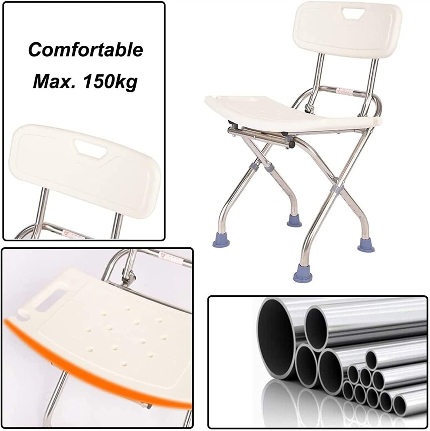 Taburete De Ducha, Asiento De Ducha Plegable, Taburete, Asiento De Bañera para Personas Mayores Discapacitadas con Respaldo, Asiento De Baño Portátil, Banco De Baño,White-51 * 31cm