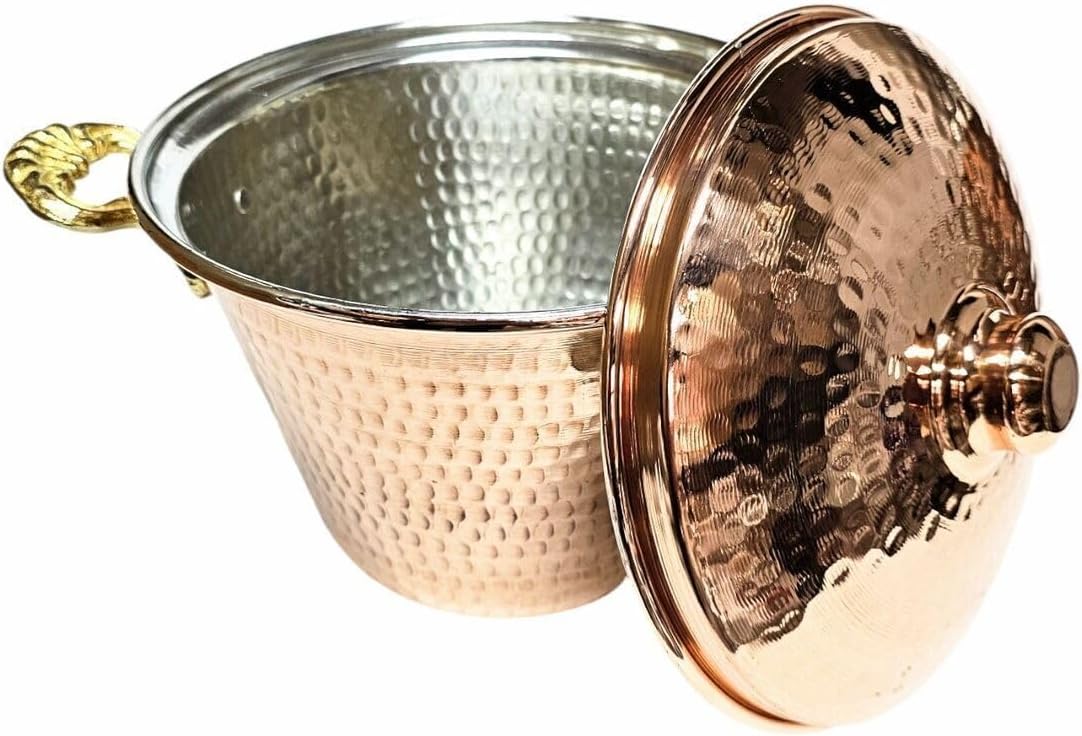 Copper Pilaf Pot with Lid - 5 L Capacity (8-9 Servings) - Double-Sided Copper Construction - Traditional Turkish Rice Cooking Pot - 10.2 inch Diameter