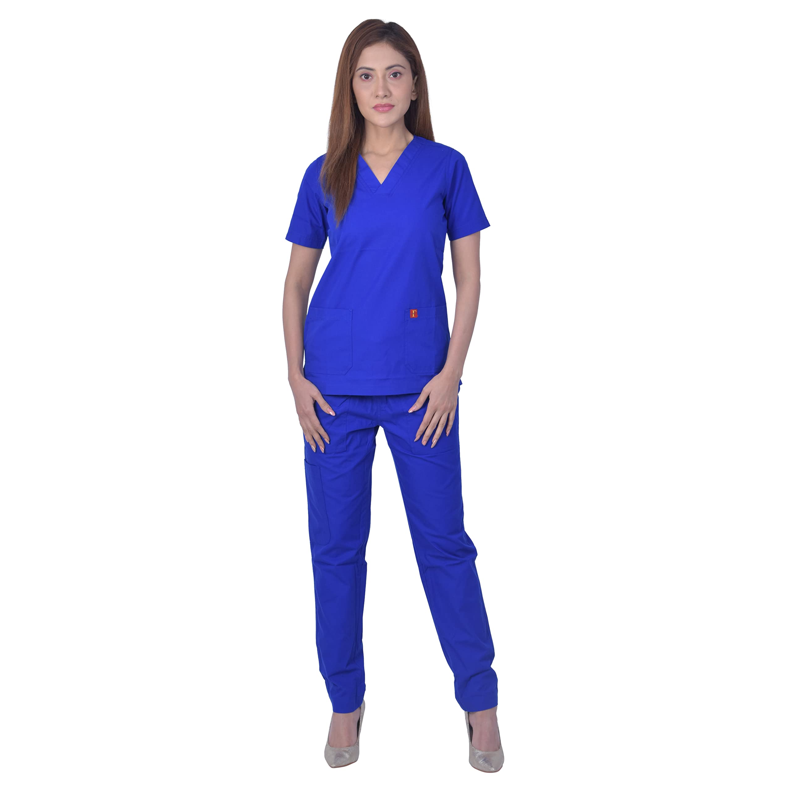 UNISEX POLYESTER COTTON V-NECK SCRUB SUIT, IDEAL FOR DOCTORS & HEALTHCARE PROFESSIONALS, TRIPLE STITCH TOP WITH 2 POCKETS, BOTTOM ELASTICATED WAIST W/DRAWSTRING (XL_ROYAL BLUE)-image-49