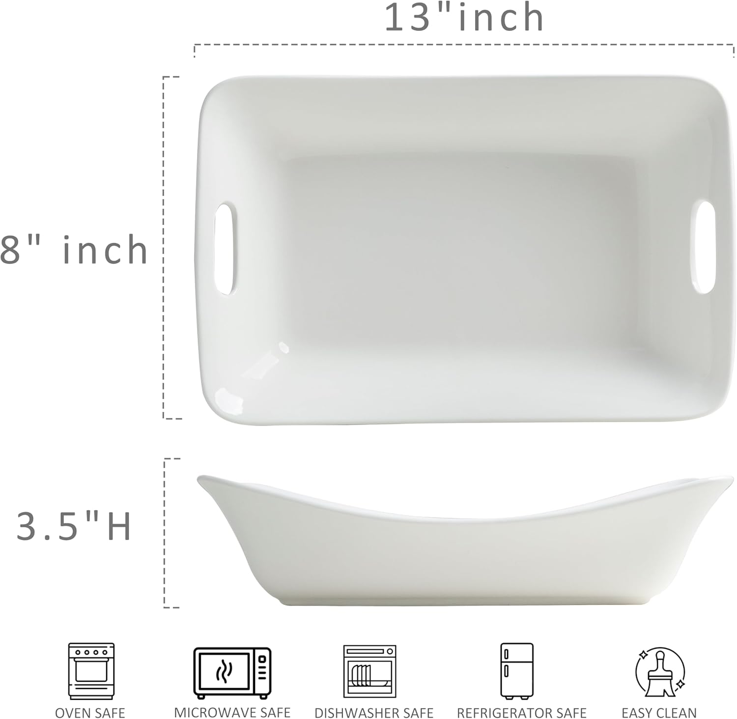 LEHAHA Large Serving Bowls with Handles, Set of 2 White Porcelain Bowl Set, Durable Ceramic Salad Bowls, 2 Quarts Rectangular Serving Platter for Turkey, Fruit Salad Serving Dishes for Entertaining