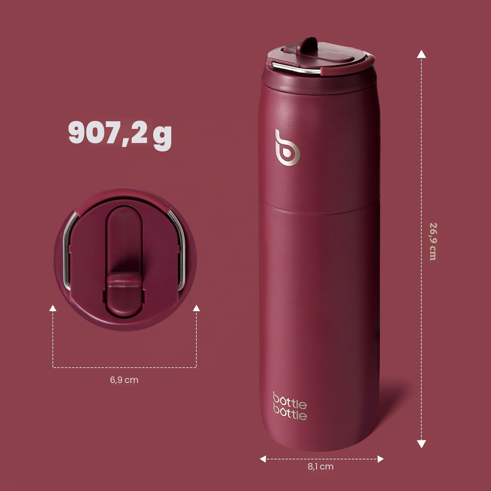 BOTTLE BOTTLE Isolierte Wasserflasche Edelstahl 32oz(946ml) mit Strohhalm Griff für Sport, Reisen, Fitnessstudio, doppelwandig auslaufsicher, BPA-frei (Rot)