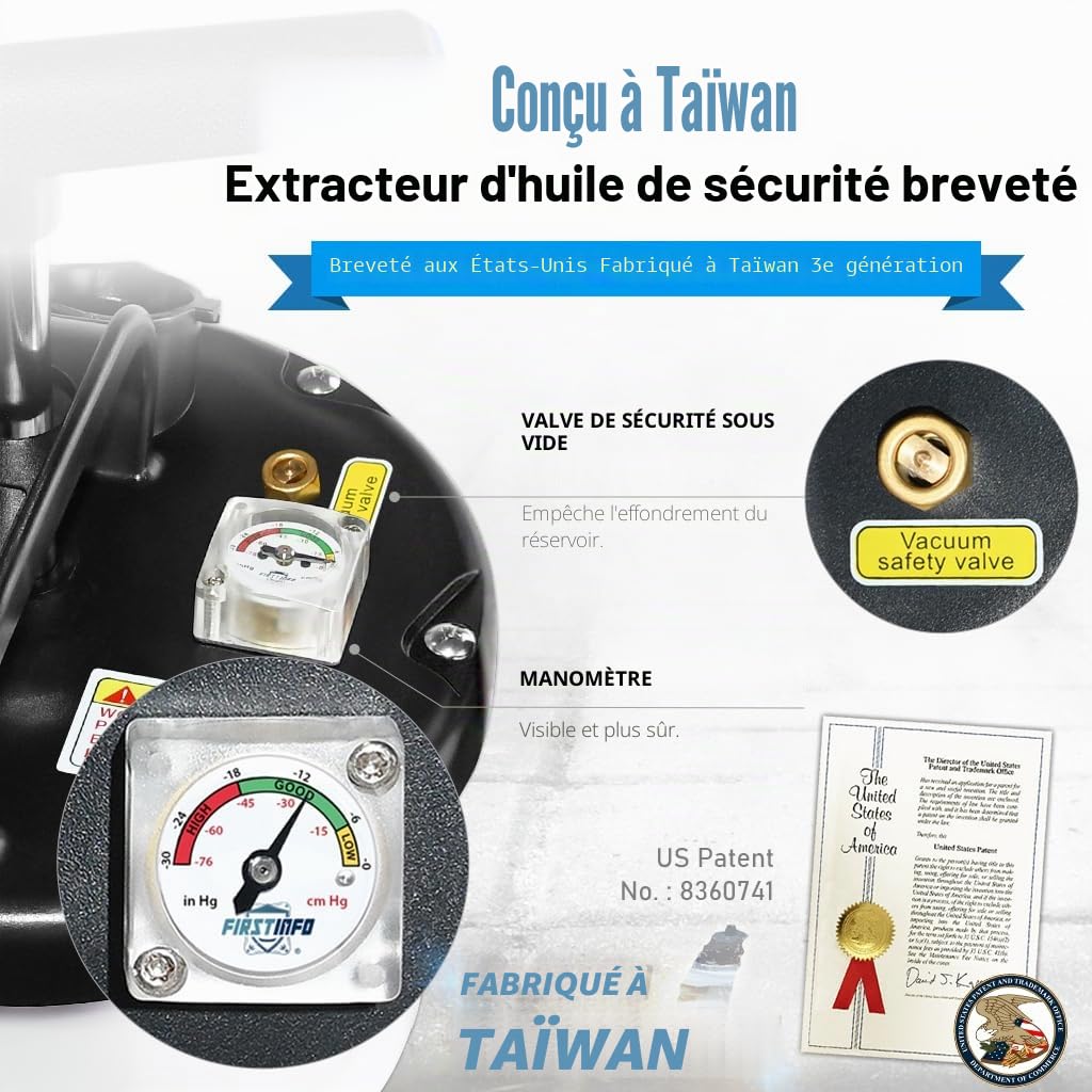 FIRSTINFO Extracteur d’Huile Pneumatique et Manuel 9L, 3e Génération Brevetée, Fabriqué à Taïwan, Pompe de Vidange par Aspiration avec Manomètre, 5 Tuyaux Dont Sonde Ultra-Fine 130 cm, A1108EUY5